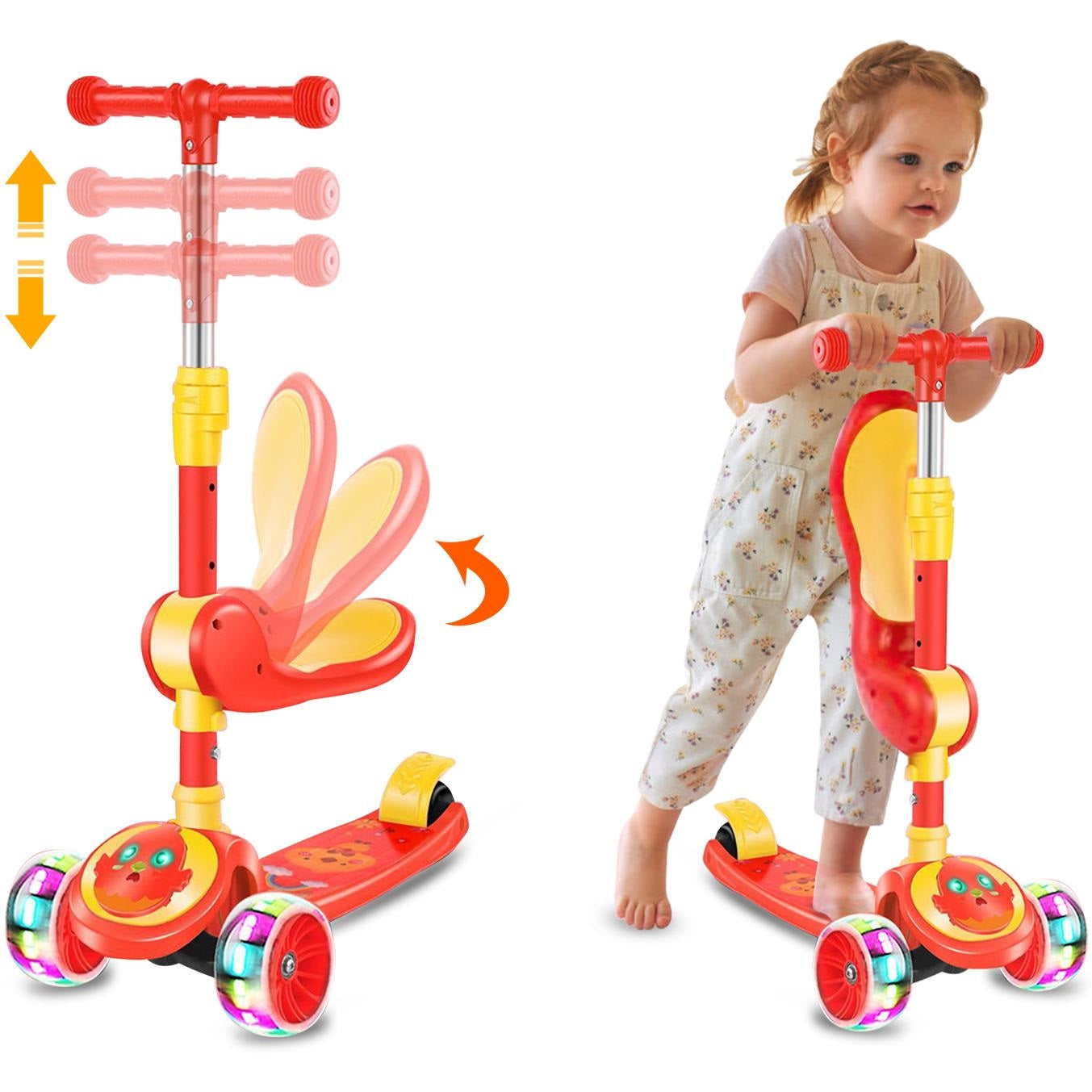 3 Wheel Scooter for Kids, Foldable Kids Kick Scooter with Light Up Wheels and Foldable Seat, Kids Scooter with Adjustable Height, Rear Brake and Music, Ride on Toys for for Girls Boys Kids 3 YO & up