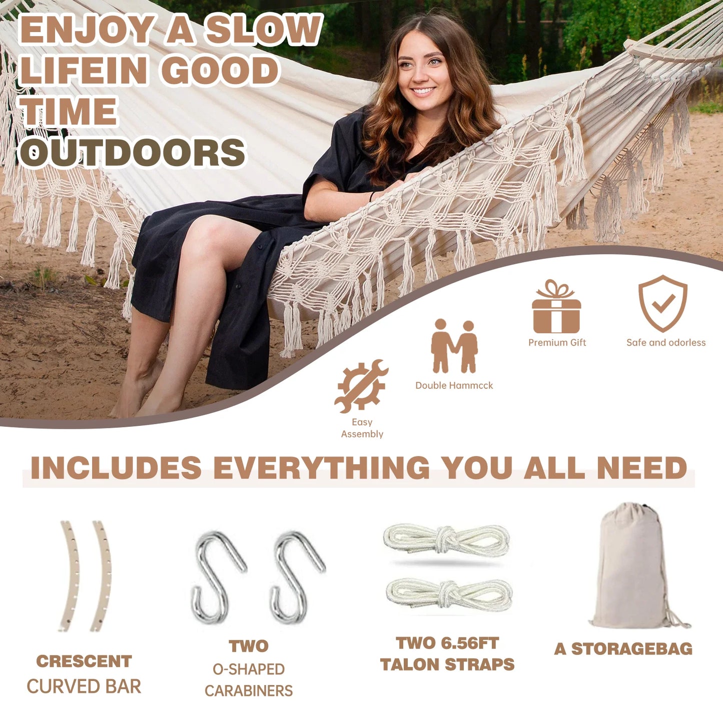 2-Person Canvas Solid Wood Tassels Fishtail Knitting with Mounting Straps & Curved Rod & Carrying Bag Double Hammock