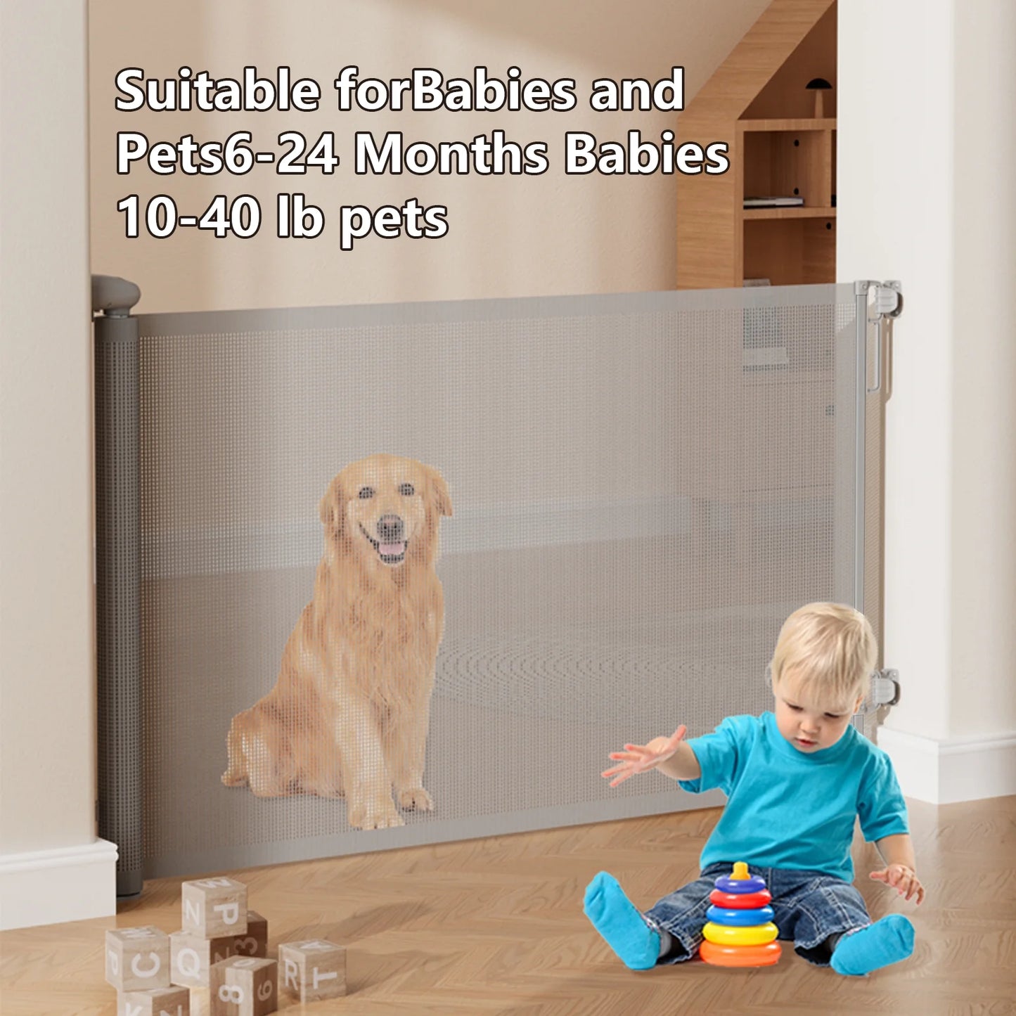 Retractable Mesh Baby & Dog Pet Safety Gate for Stairs & Doorways - 34" Tall, Extends to 71" Wide - Indoor & Outdoor Child Gates for the House, Gray