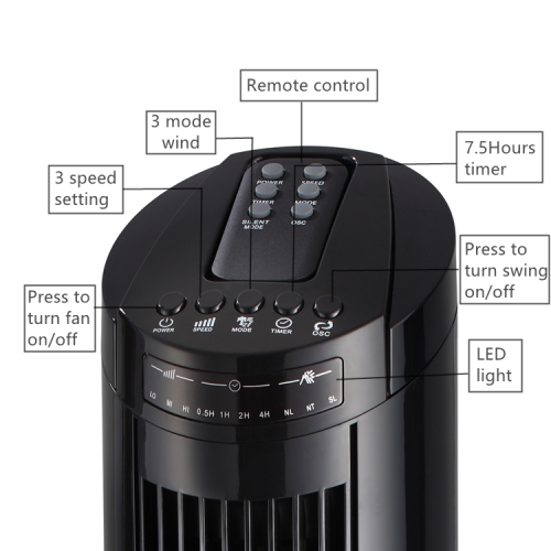 29 Inch 90 Degree Oscillating Tower Fan, Top Mounted Remote, 3 Speeds Mode & 38dB Low Noise Operating, 7.5H Timing, Black