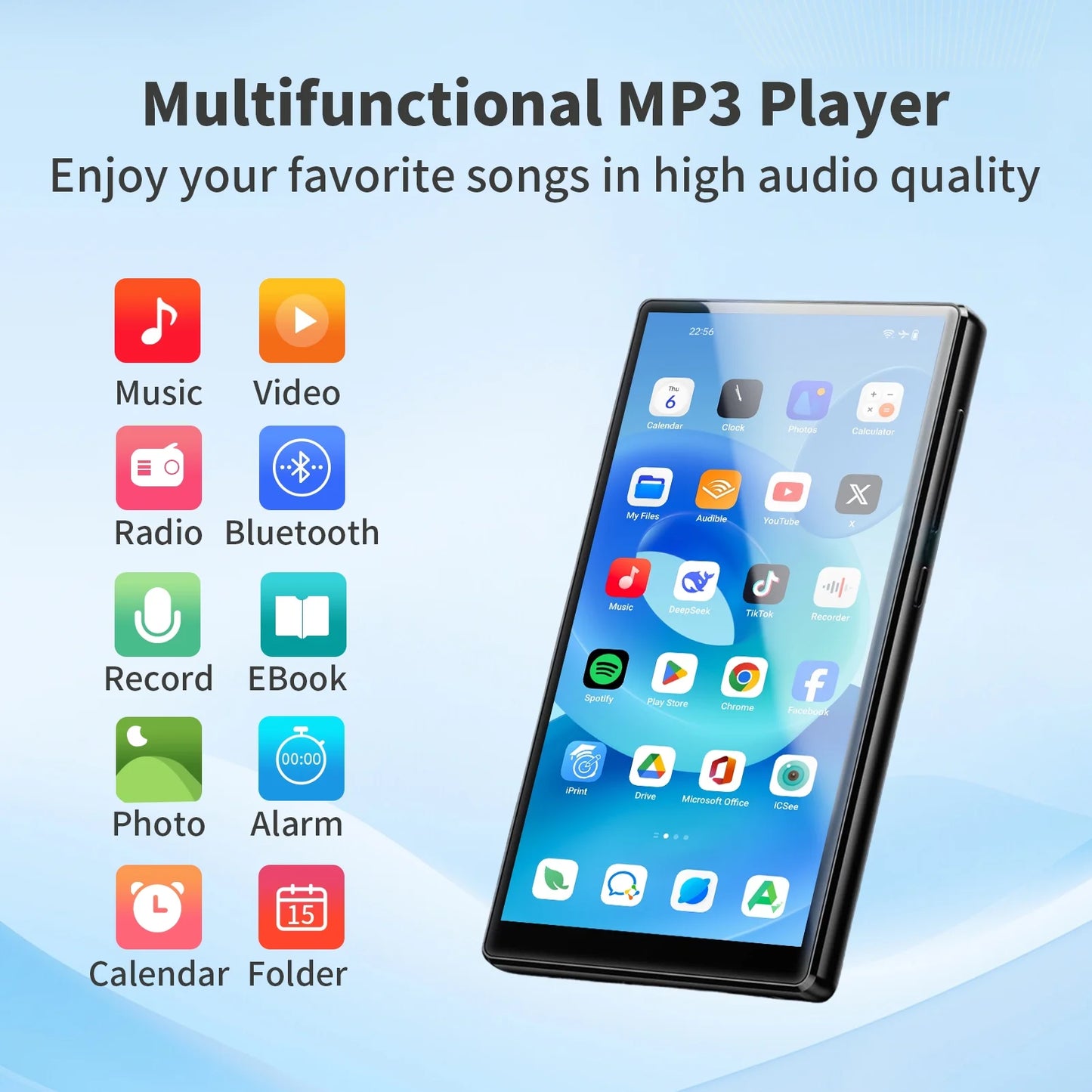 144GB MP3 Player with Bluetooth and WiFi, 5" IPS Touchscreen 1080P Android MP3 MP4 Player, HiFi Music Player with Spotify, Deezer, Audible, Play Store, Browser, Built-in HD Speaker, Black