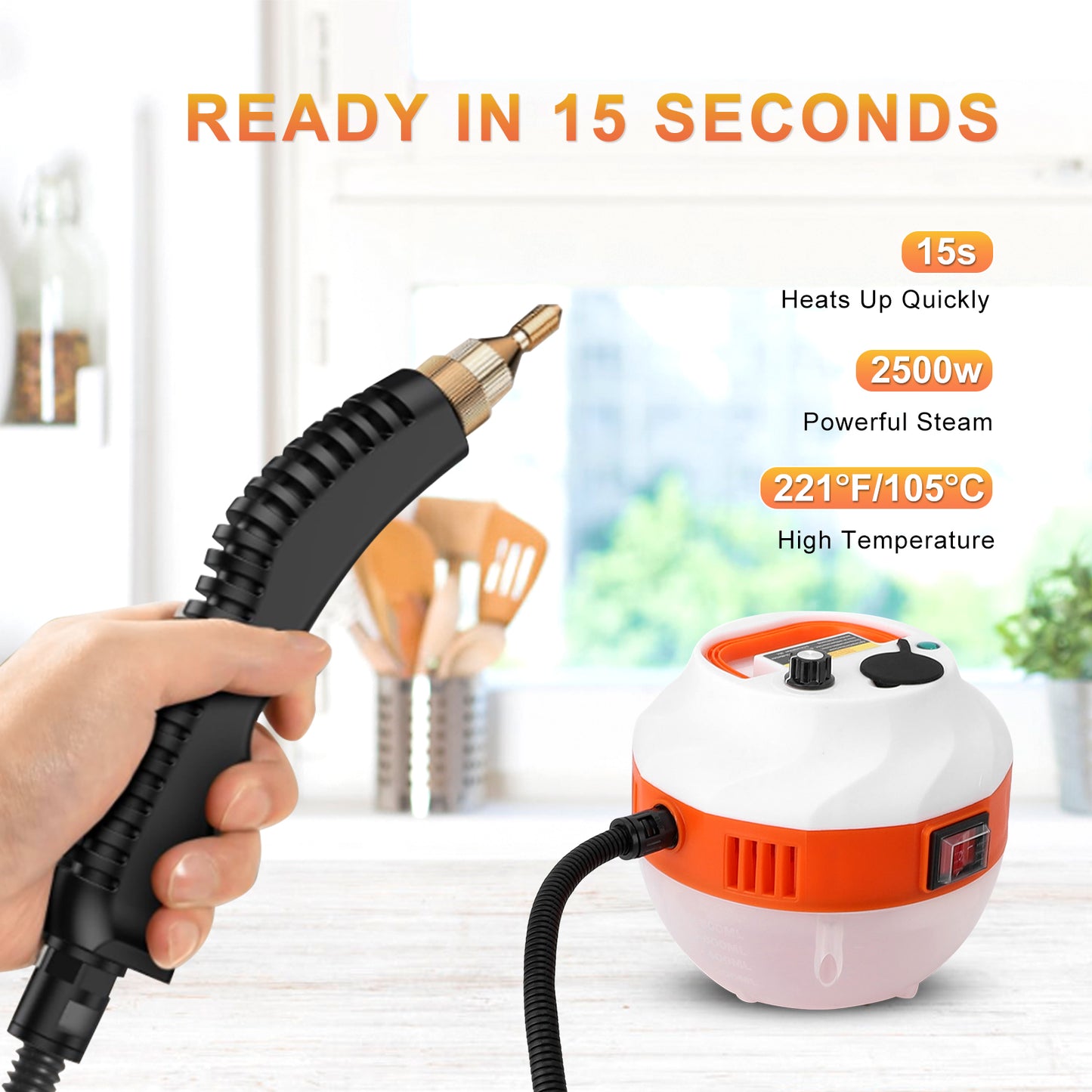 Portable Steam Cleaner 2500W High Temperature Pressurized Steam Cleaning Machine with Brush Heads for Kitchen Furniture Bathroom Car,Hard Floor Surface,White+Orange