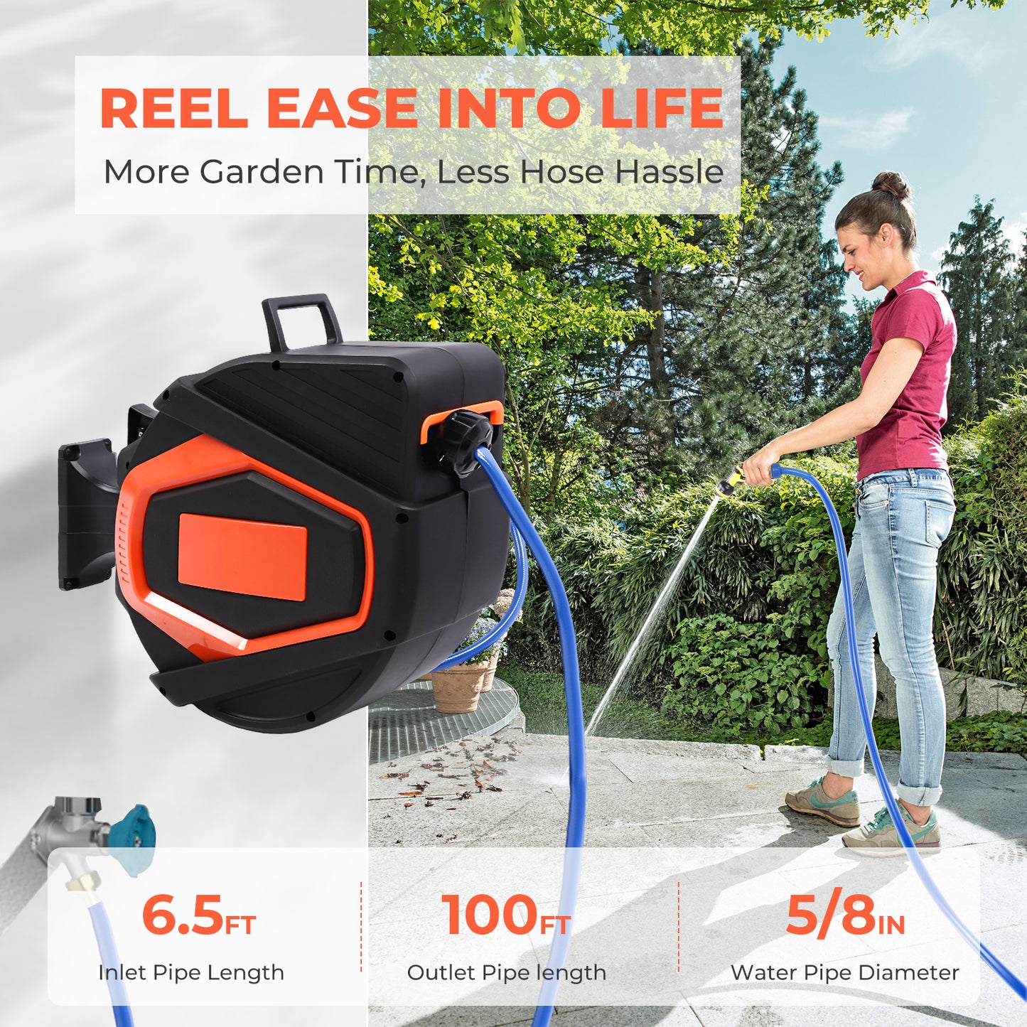Retractable Garden Hose Reel 5/8 In X 100 Ft Automatic Wall Mounted Water Hose with 10 Pattern Nozzle Any Length Lock Slow Retraction 180° Swivel