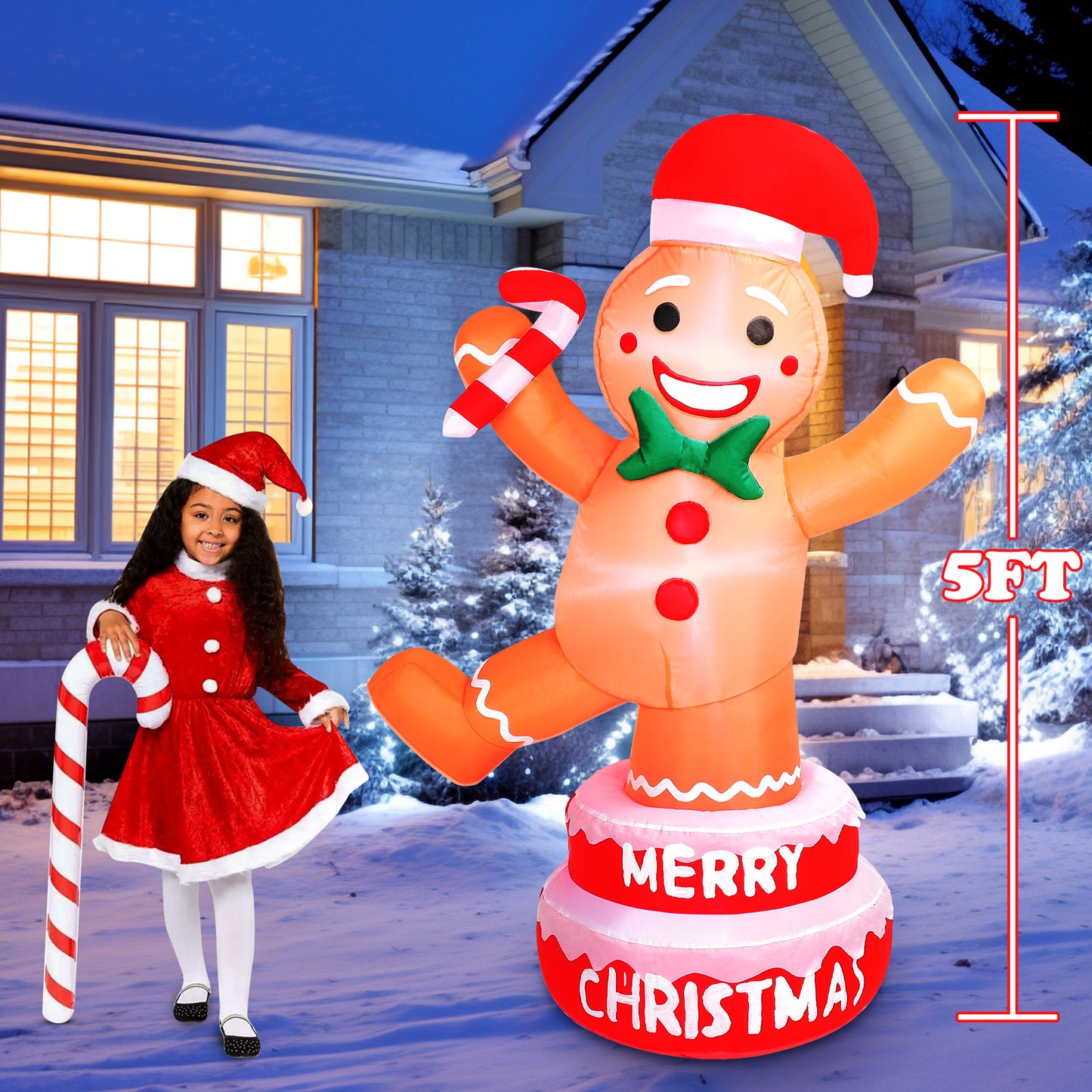 5 FT Christmas Inflatable Outdoor Decorations Gingerbread Man with Cane Candy, Lovable Blow up Gingerbread with Xmas Hat, Built-in LED Lights for Yard Garden Lawn Indoor Home Holiday Decor