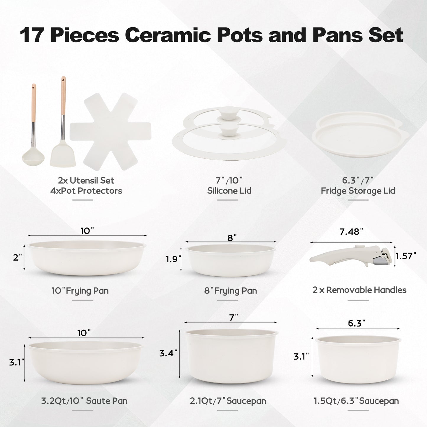 17-Piece Ceramic Pots and Pans Set Non Stick, Cookware Set with Detachable Handle, Oven Safe, Induction Ready, Stackable RV Kitchen Cooking Set Removable Handles