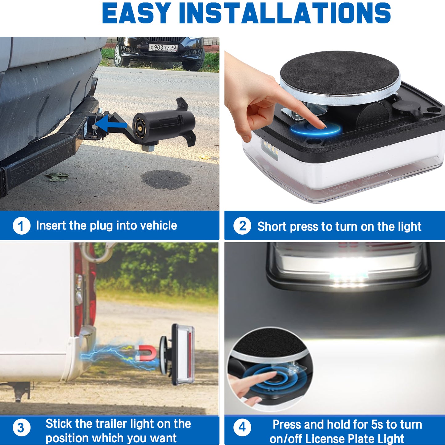 Magnetic Wireless Trailer Lights, Rechargeable LED Trailer Light for Towing Truck, Waterproof Tail Tow Lights Kit for RV Camper Boat Caravan, Portable Turn Signal Brake Running Stop
