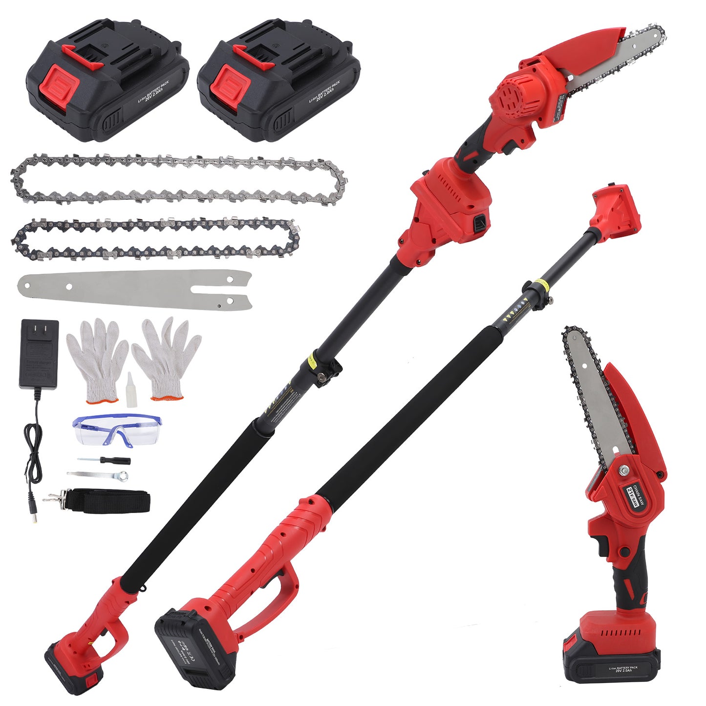 2-in-1 Brushless Cordless Pole Saw,6in + 8in Mini Chainsaw & Pole Saw with 2pcs 2.0A Batteries, 13.6ft Max Reach Brach Tree Saw Telescoping Extension Rod for Wood Tree Trimming Wood Cutting,Red