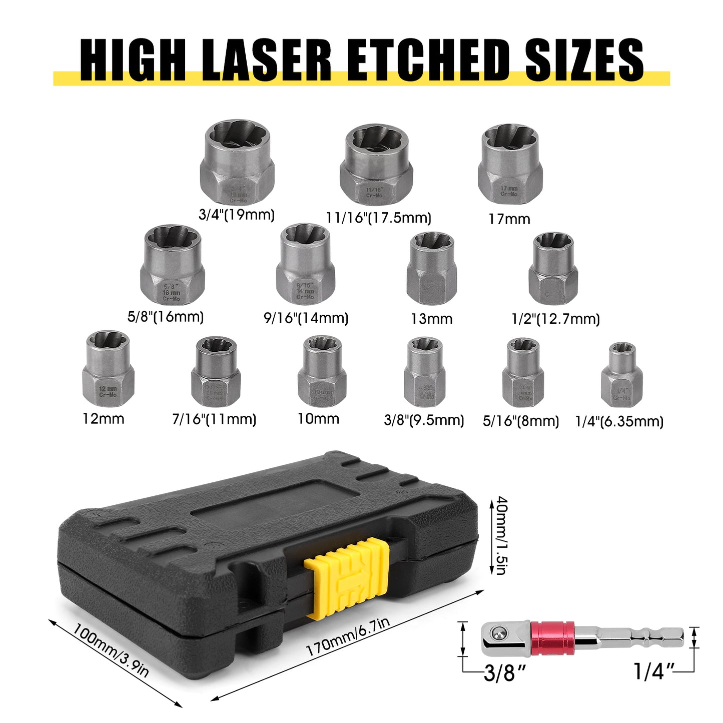 Nut Remover Set, 14 Pcs Net & Bolt Extractor Tool Set With 3/8 "to 1/4" Hex Adapter For Car Repair, Cr-Mo Steel