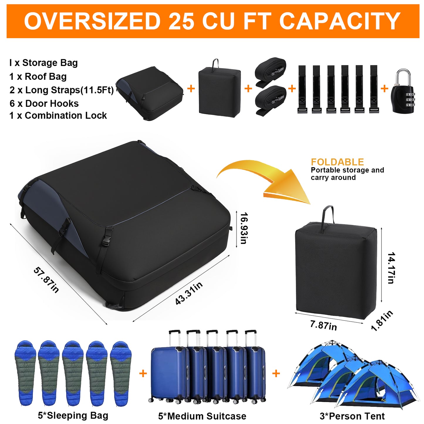 Rooftop Cargo Carrier, 25 Cubic Ft 1000D Waterproof Vehicle Soft-Shell Carriers for Cars with/Without Luggage Rack, Car Roof Bag with Combination Lock, 6 Door Hooks, Reinforced Strap,Storage Bag