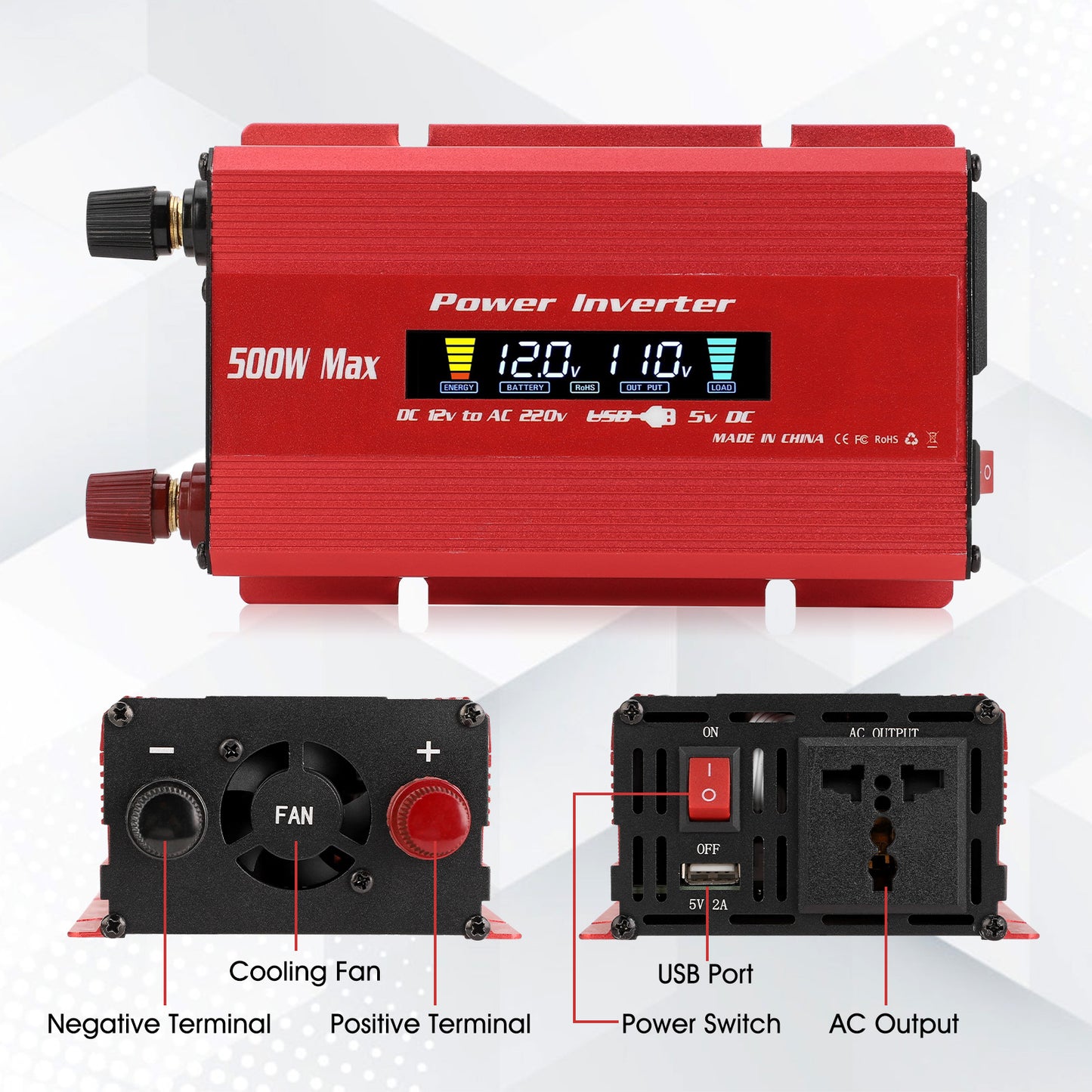500 Watts Pure Sine Wave Power Inverter for Vehicles, Converter DC 12v to AC 110V Car Inverter with USB Port and LCD Screen