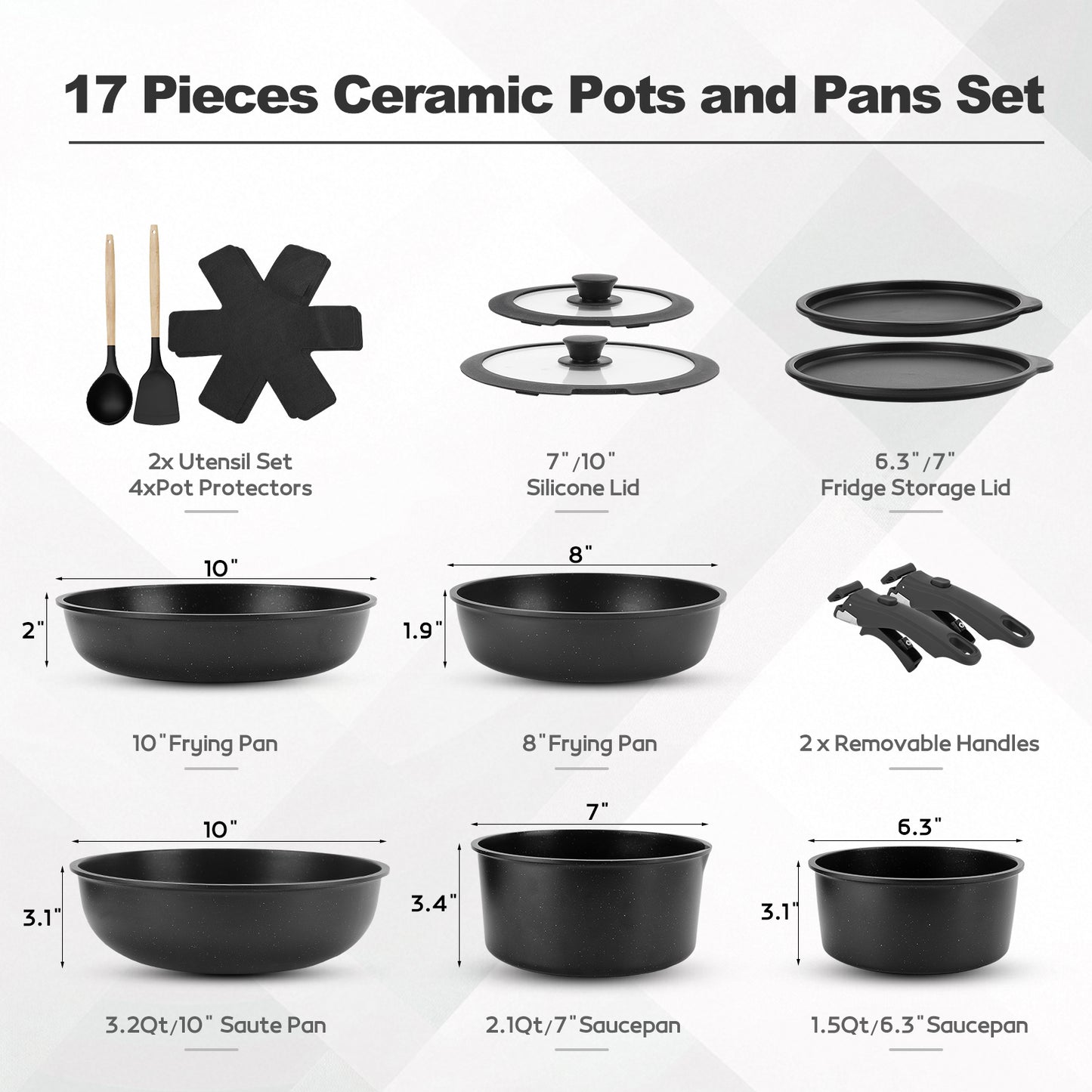17-Piece Pots and Pans Set, Nonstick Cookware Set with Detachable Handles, Oven & Dishwasher Safe, Induction Compatible, Stackable RV Kitchen Cooking Set, Black