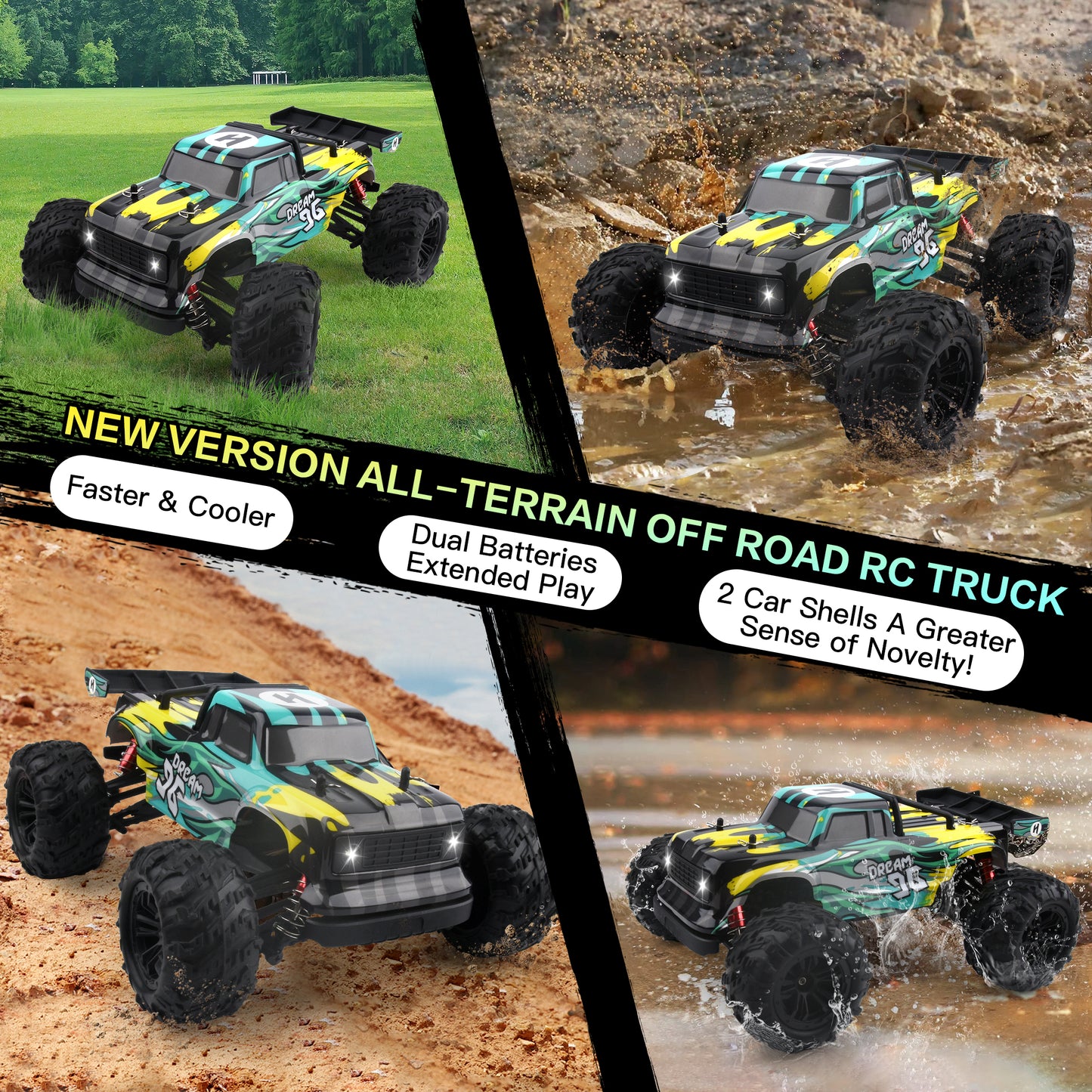 RC Cars 1: 16 Scale All Terrain 4x4 Remote Control Car for Adults & Kids, 40+MPH Waterproof Off-Road RC Trucks, 2.4Ghz Radio Controller, 2 Batteries, 2 Car Bodies