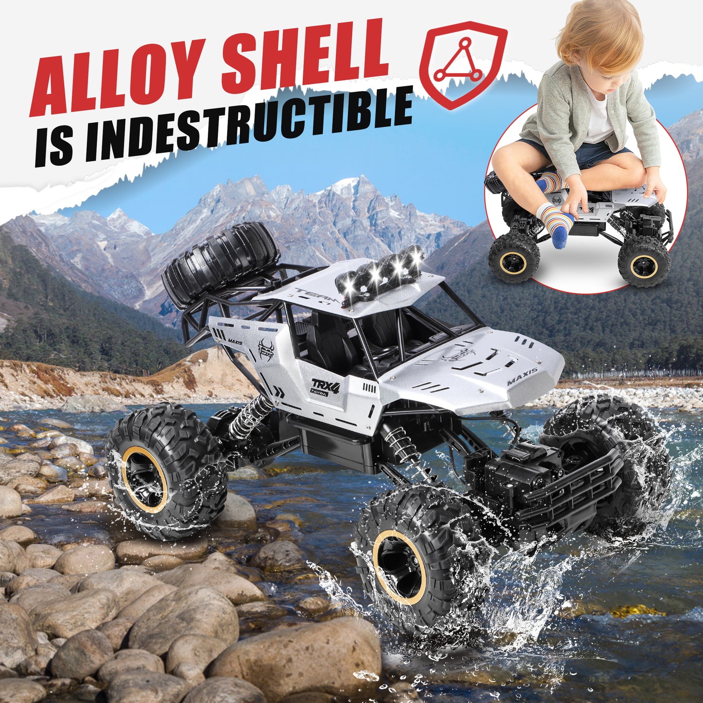 Alloy Off Road RC Truck 1:12 Electric Rock Crawler 4X4 RTR RC Crawler 2.4GHz RC Car Toy Crawling Remote Control Car for Kids Adults Beginners, 2 Batteries