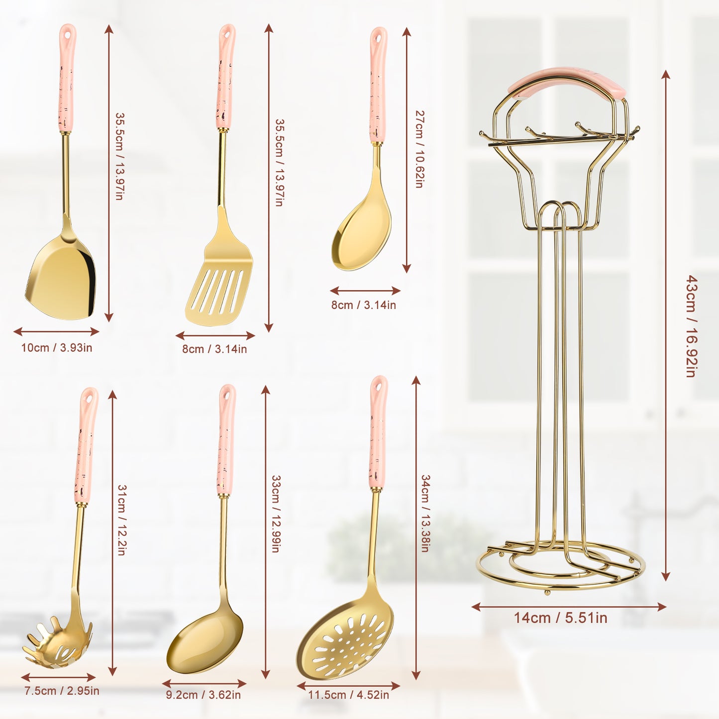 LHCER 7-Piece Kitchen Cookware Set with Ceramic Handled Holder - Includes Slotted Spoon, Slotted Spatula, Large Spoon, Soup Ladle, Spatula, Pasta Spoon