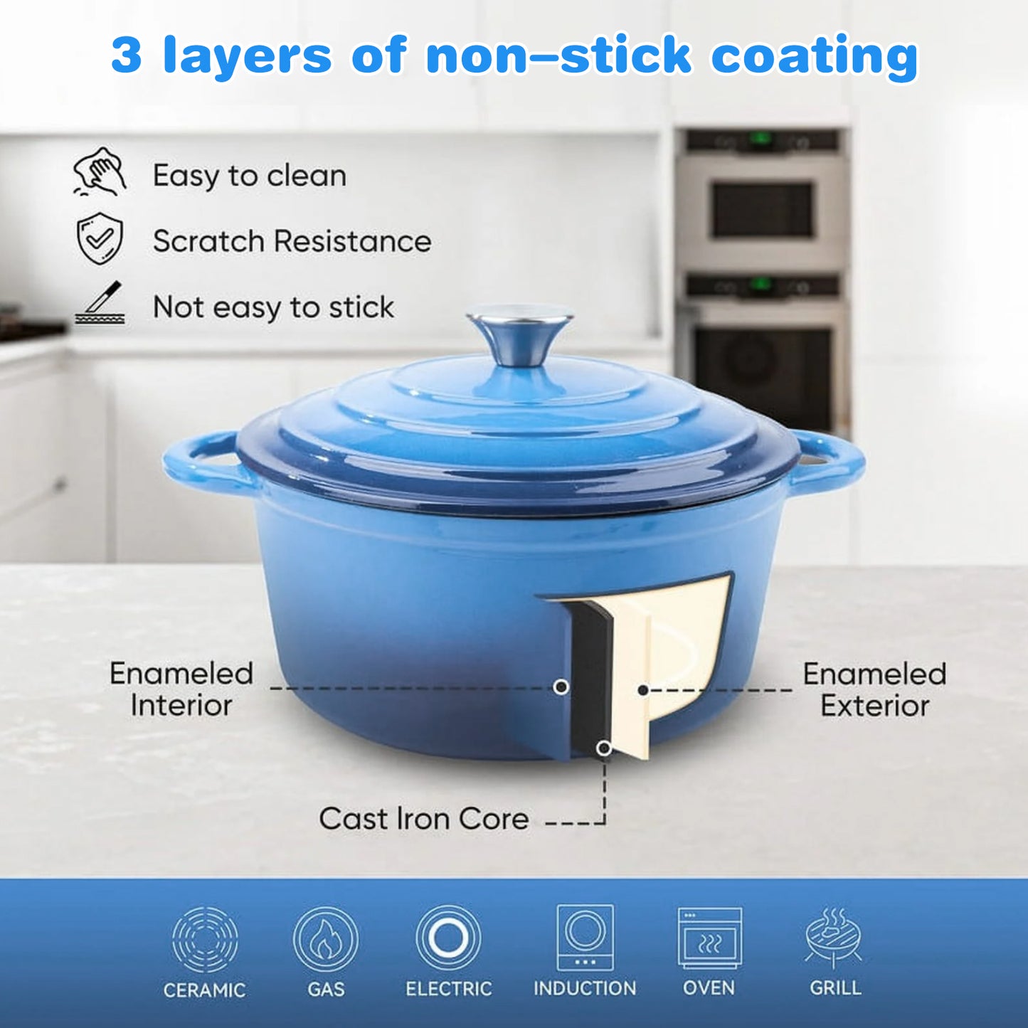 6 QT Enameled Cast Iron Dutch Oven with Lid, Nonstick Cookware for Baking, Roasting, Braising & Cooking, Dual Handles