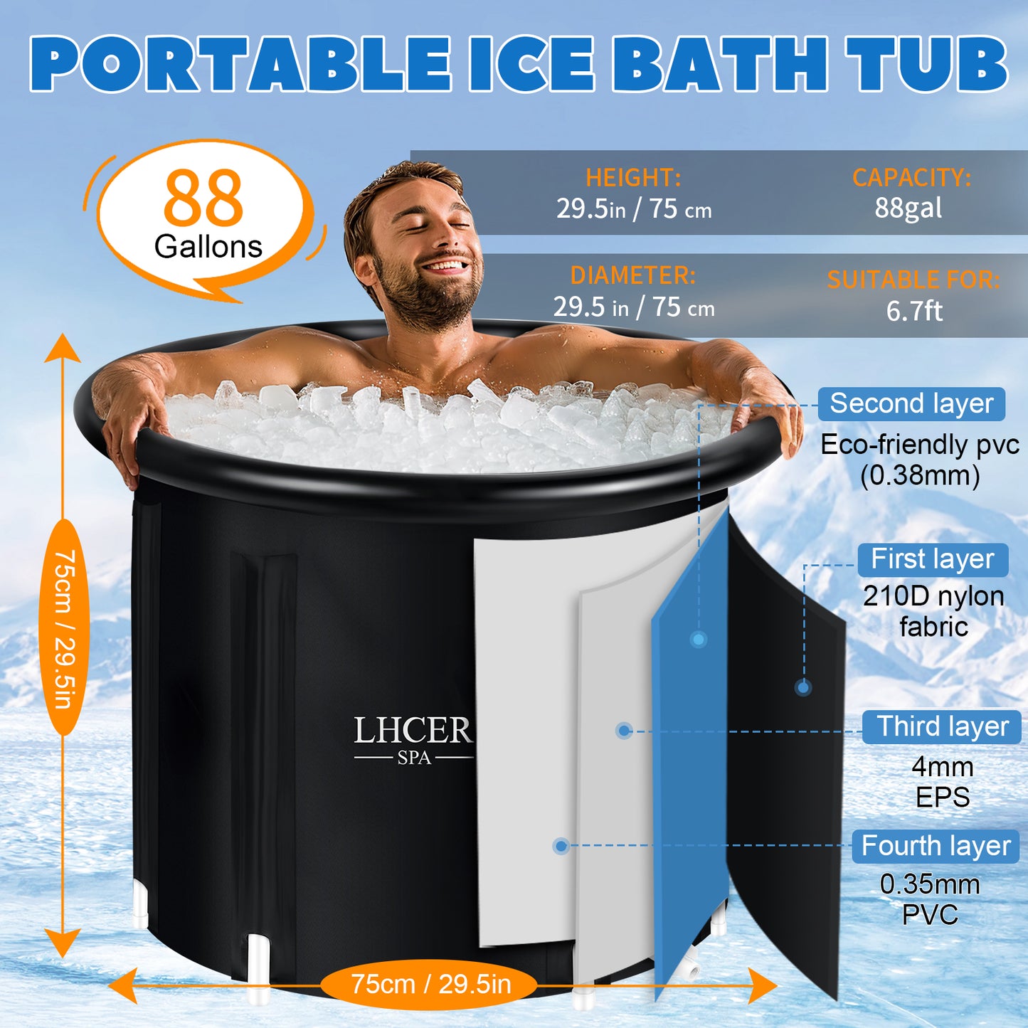 LHCER Portable Bathtub for Adults XL 88 Gallon Ice Bath Tub for Athletes Recovery, Inflatable Soaking Tub Shower, Cold Plunge Tub with Cover