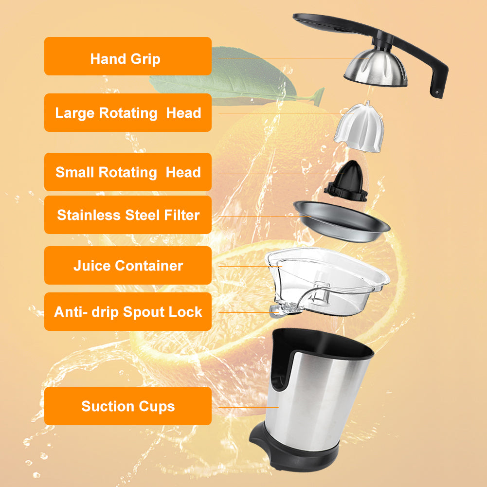 Electric Citrus Juicer, Orange Juice Squeezer with Two Size Juicing Cones, Stainless Steel Orange Juice Maker with Soft Grip Handle, For Oranges, Grapefruits, Lemons and Other Citrus Fruit