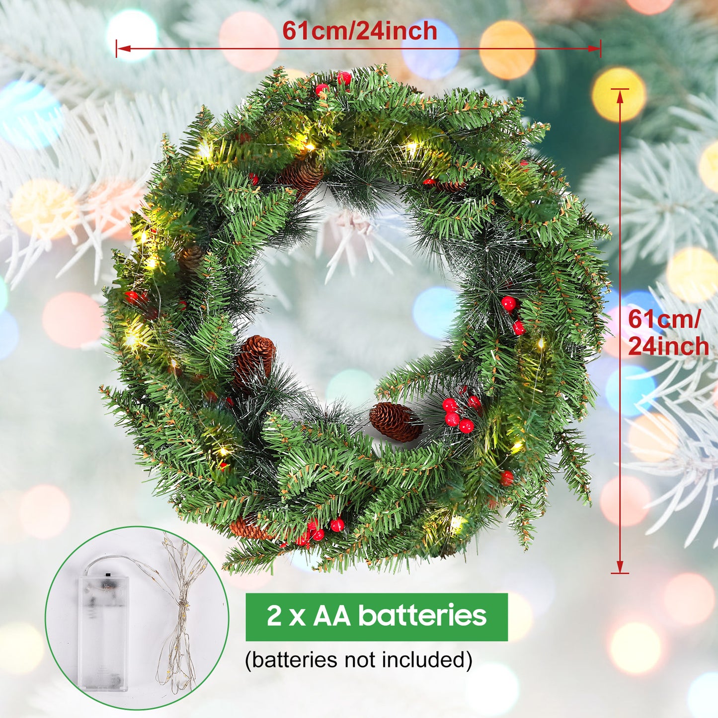 24 Inch Pre-Lit Artificial Christmas Wreath, Green, Crestwood Spruce, White Lights, Decorated with Pine Cones, Berry Clusters, Frosted Branches, Christmas Collection