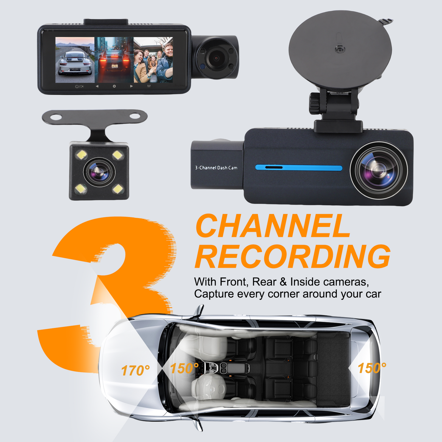 3 Channel Dash Cam, Front Rear 4K/2.5K+1440P 3.16" Full HD with Wi-Fi & 64GB Card Car Dashboard Recorder IPS Screen ,Night Vision Wide Angle, G-Sensor, 24H Parking, Loop Recording