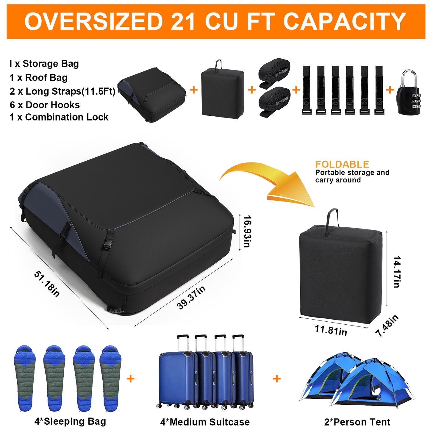Car Top Cargo Carrier, 21 Cubic Ft 1000D Waterproof Vehicle Soft-Shell Carriers For Cars With/Without Luggage Rack, Car Roof Bag With Combination Lock, 6 Door Hooks, Reinforced