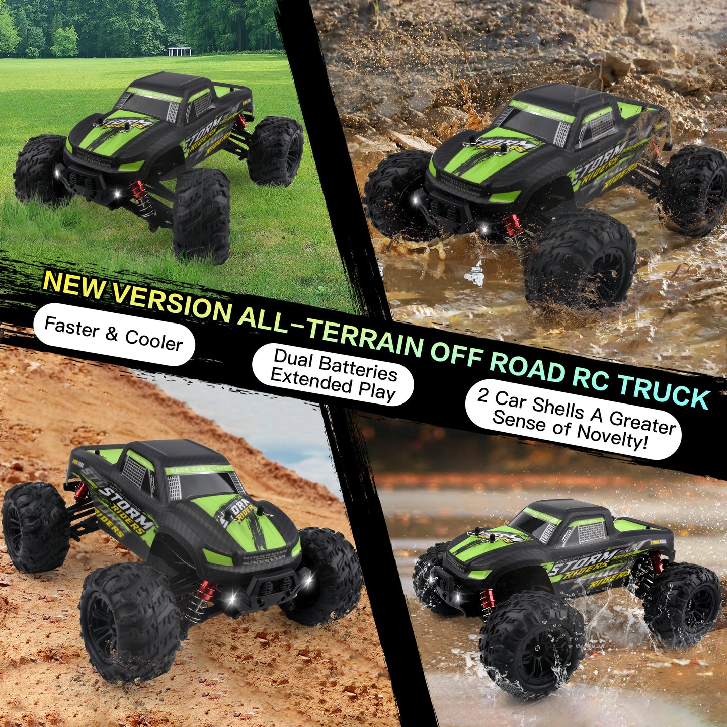 RC Cars 1: 16 Scale All Terrain 4x4 Remote Control Car for Adults & Kids, 60+ KM/H Waterproof Off-Road RC Trucks, 2.4Ghz Radio Controller, 2 Batteries, 2 Car Bodies