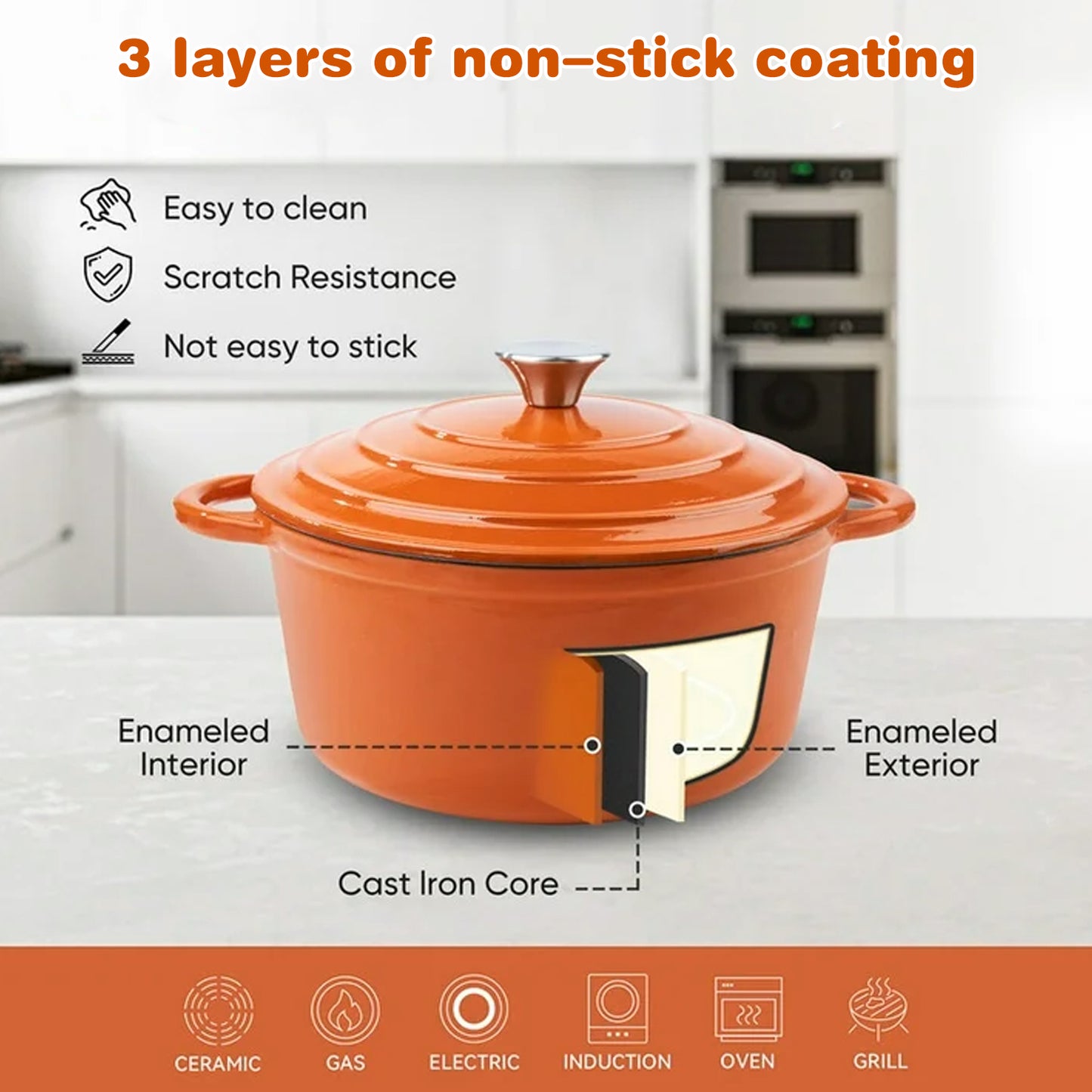 6.5 QT Enameled Cast Iron Dutch Oven with Lid, Nonstick Cookware for Baking, Roasting, Braising & Cooking, Dual Handles