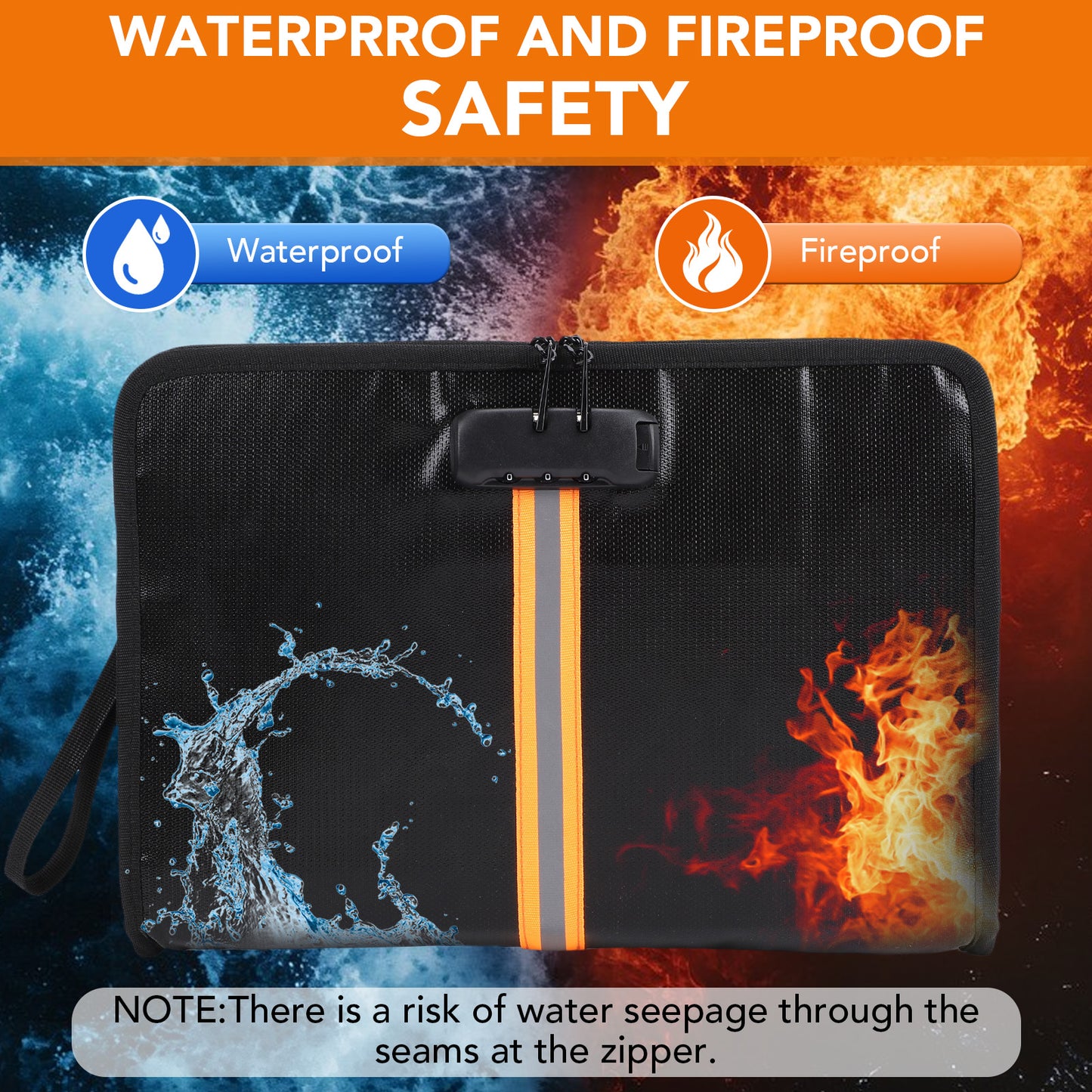 Fireproof Document Bag,13"×9.2" Fireproof Money Bag,with Combination Lock,Suitable for Tablets, A4 Documents, Cash, Mobile Phones, Credit Cards and Files,Orange