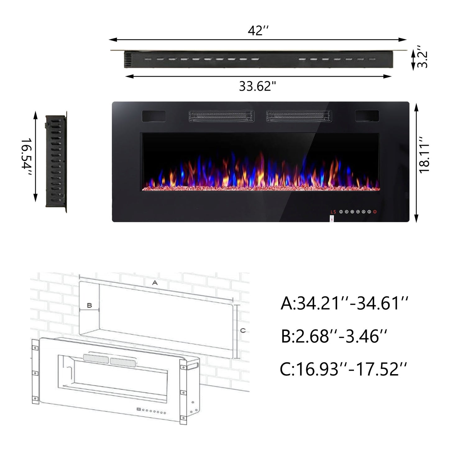 42in 5100BTU Indoor Electric Ultra Thin Mute Fireplace, Wall Mounted Recessed Adjustable Multiple Flame Colors & 5 Speeds & 8H Timer Fireplace with Touch Screen and Remote Control