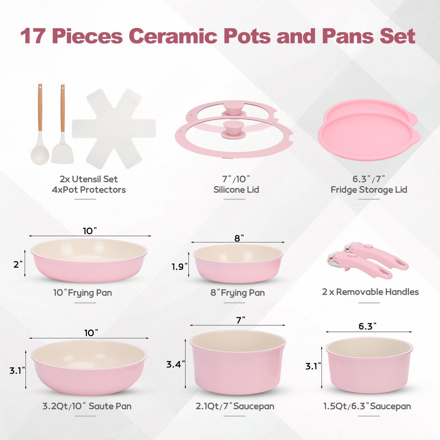17 Piece Ceramic Pots and Pans Set, Nonstick Cookware Set with Detachable Handles, Oven Safe to 480°F, Induction Compatible, Stackable RV Kitchen Cooking Set, Pink