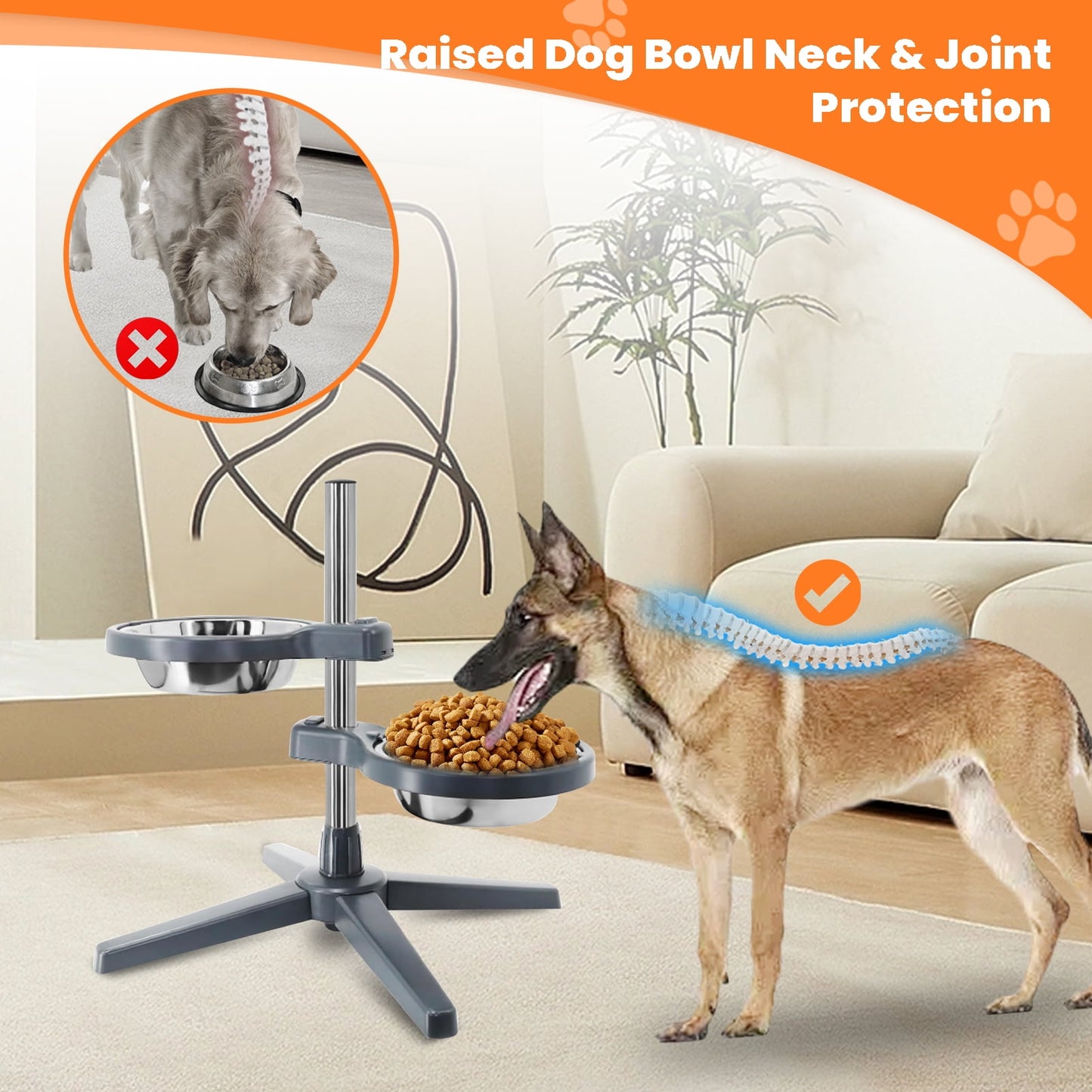 Mgaxyff Elevated Dog Bowls, Raised Dog Feeder Stand with 2 Stainless Steel Pet Food Bowls, Adjustable Height for Dogs and Cats, S