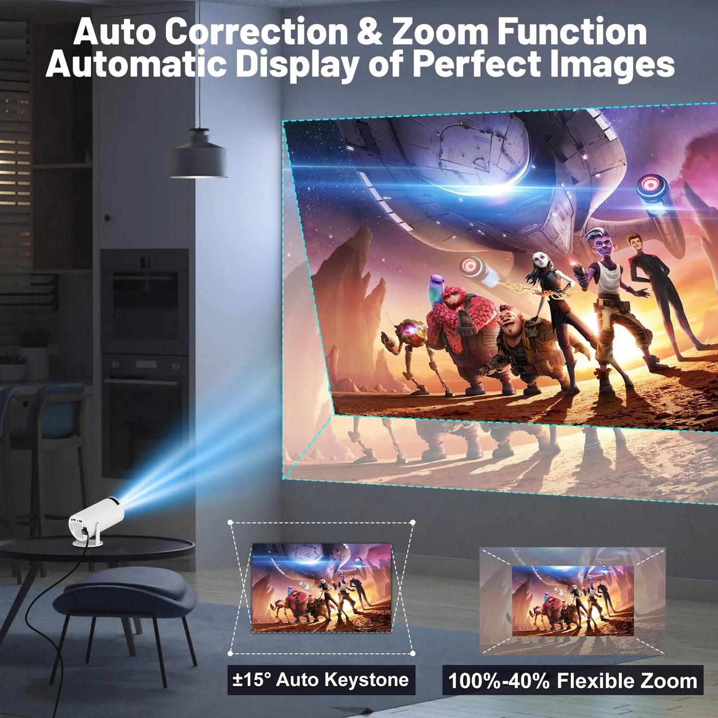 Mini Projector with WiFi and Bluetooth, 4K Outdoor Projector with 180°Adjustable Stand, Auto Keystone Movie Projector Compatible with TV Stick/IOS/Android/Laptop, Portable 1080P Full HD Proyector