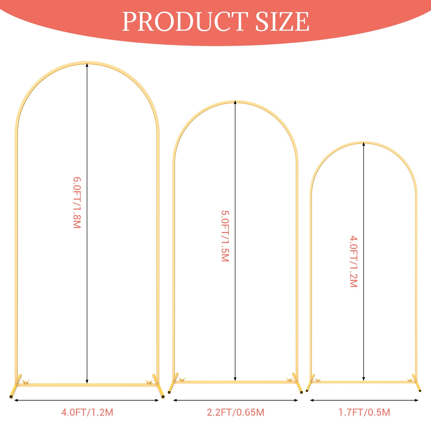LHCER Set of 3 Metal Wedding Arch Backdrop Stand, Elegant Gold Arched Frames (4FT/5FT/6FT) for Wedding, Birthday Party, Bridal Shower,Ceremonies, Anniversaries, Graduation Décor
