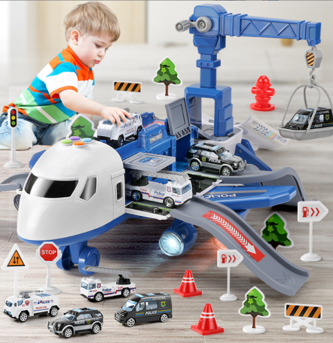 Kids Airplane Parking Lot Toys Track Car Toys for 3 4 5 6 7 Boys Girls, Music and Sound Transport Plane with 4 Alloy Pull Back Police Cars, Toy Tower Crane, Birthday Gift for Toddler Age 2-6