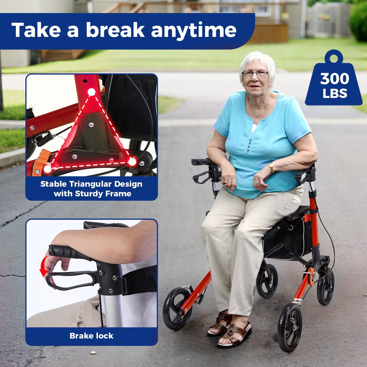 Rollator Walker for Seniors, Lightweight Foldable All Terrain Rolling Walker with seat, Aluminum Walkers with 8 inch Solid Wheels, Handles and Backrest for Seniors and Adult, Red