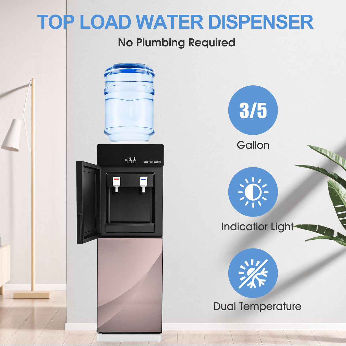 Hot & Cold Water Dispenser, Top Loading Water Dispenser for 3 or 5 Gallon Bottles for Office, Home,Gold + Black