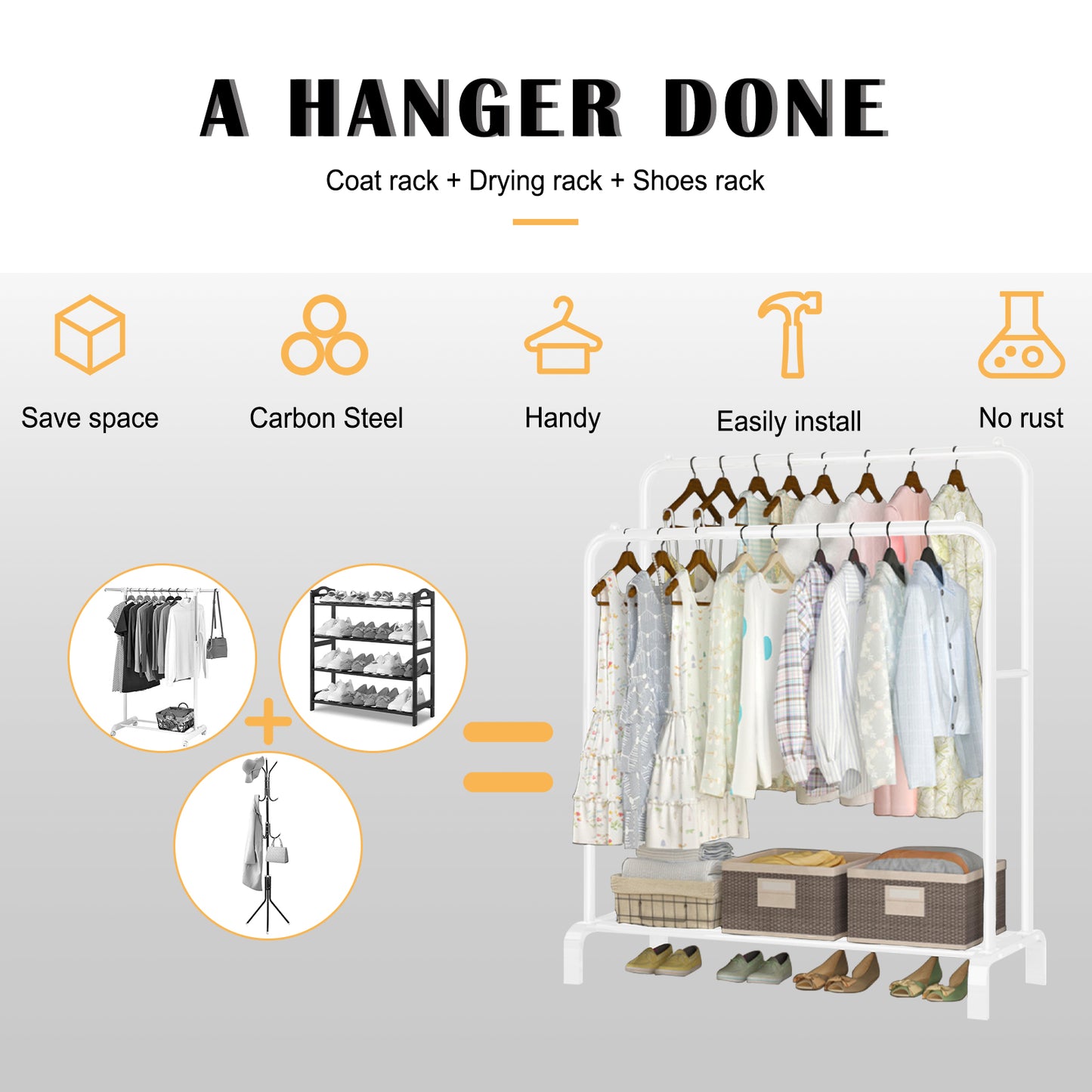 Clothing Garment Rack,Double Rails Closet Clothes Rack with Bottom Shelves and 4 Hooks,Freestanding Clothes Organizer Rack for Hanging Clothes White