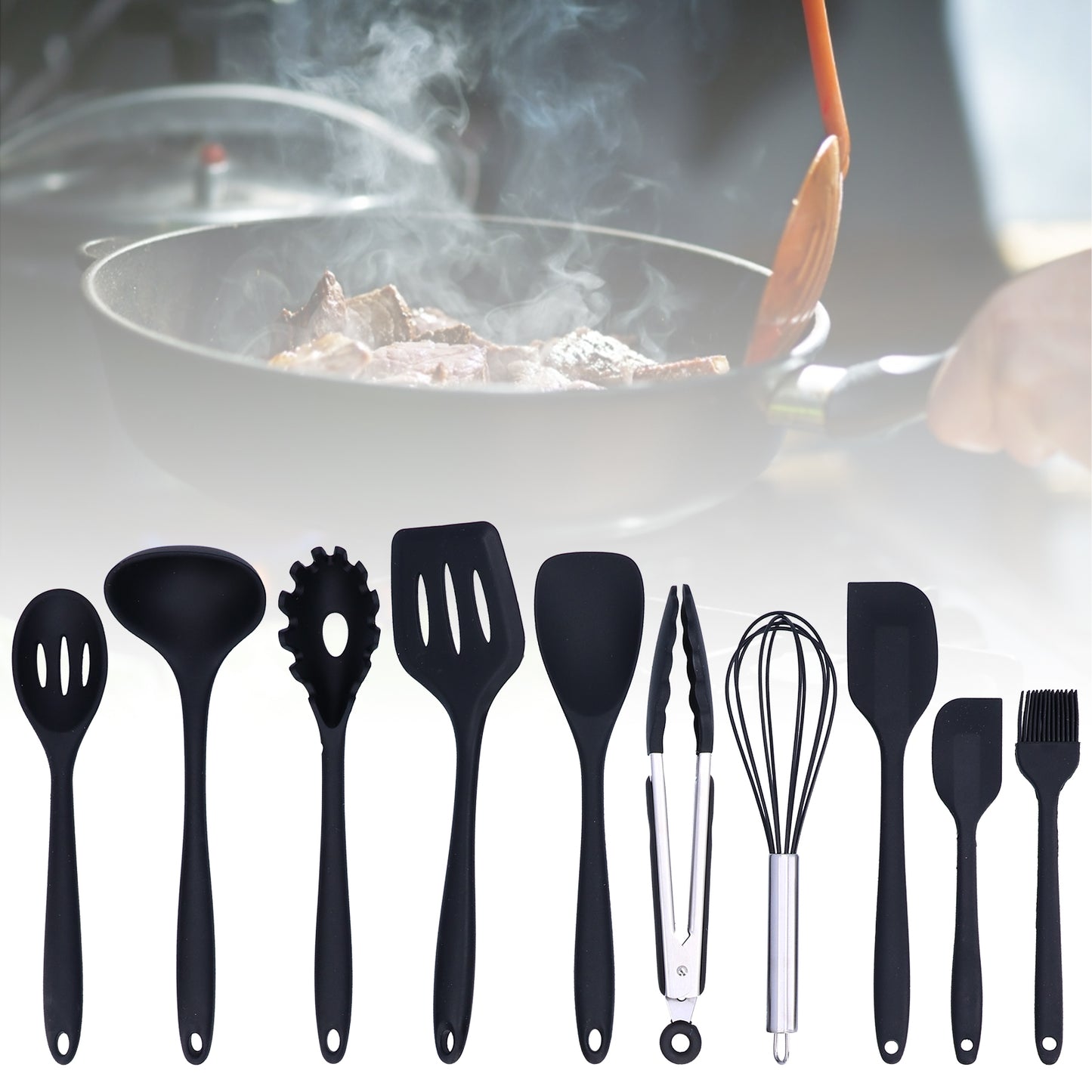 10-Piece Silicone Cooking Utensils Set - 446F Heat Silicone Kitchen Utensil Set For Cooking,Kitchenware Non Stick Spatula Spoon Eggbeater Brush Cookware