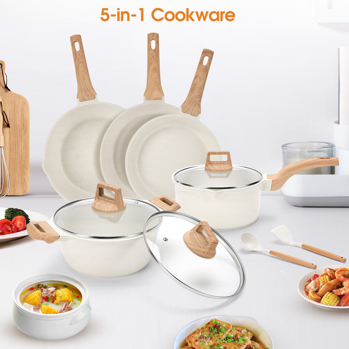 Ceramic Nonstick Pots and Pans Set, 14Pcs Healthy Non Stick Cookware Set with Pots Protectors, Induction Kitchen Cookware Sets White