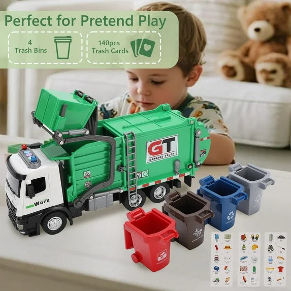Garbage Truck Toys Set Includes Dumpster, 4 Trash Bins and Learning Cards for Kids, Large Friction Powered Trash Truck Toy with Light and Sounds, Boy Toys Birthday Gift for Boys Girls Toddler