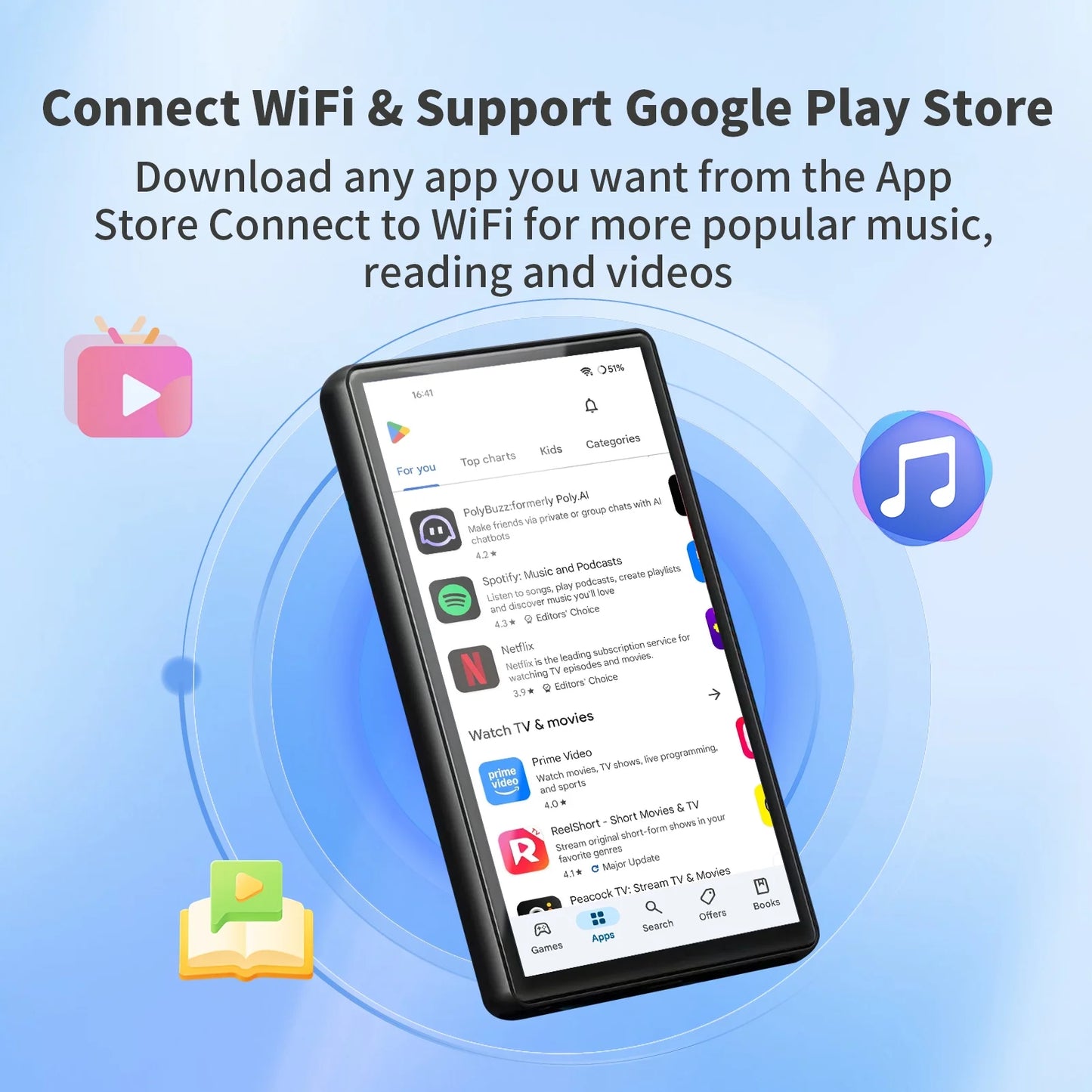 16GB MP3 Player with Bluetooth and WiFi, Portable HiFi Sound MP3 Music Player with Spotify, Deezer, Audible, Play Store, Browser, 5" Full Touchscreen MP4 Player with Speaker, Up to 256GB