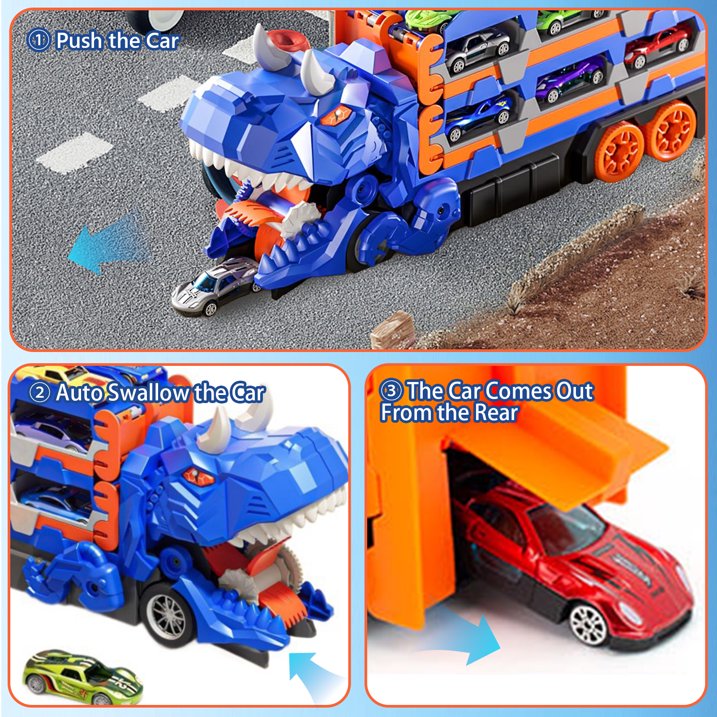 Dinosaur Race Track Toys for 3 4 5 6 Years Old Boys, Dinosaur Transporter Car Race Track with 12 Die-Cast Car Toys & 57inch Dual-Way Foldable Tracks, Truck Toys Set Gifts for Age 3-12 Kids Boys Girls