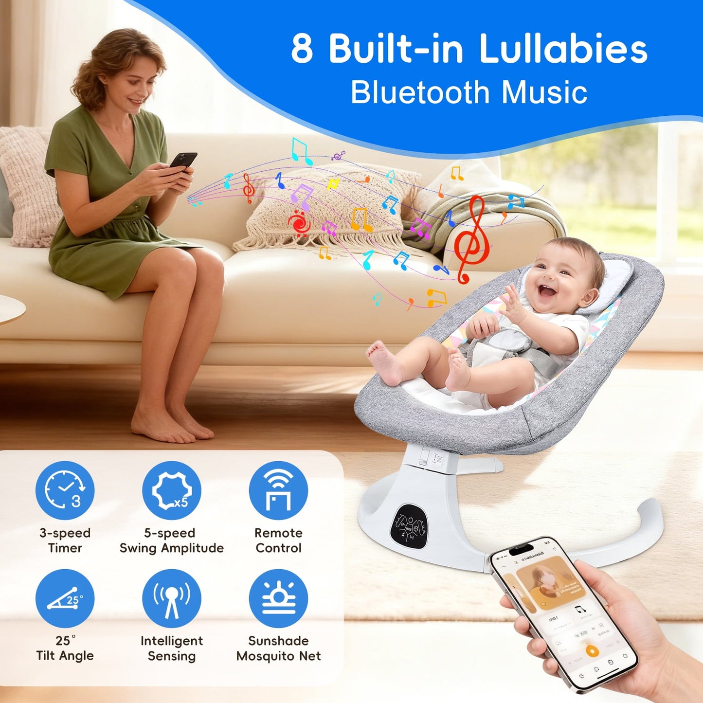 Baby Swing with Bluetooth Remote Control, 5 Speed Gentle Sway 3 Timers, Portable Infant Swing, 0-12M Babies, 26lbs, Gray