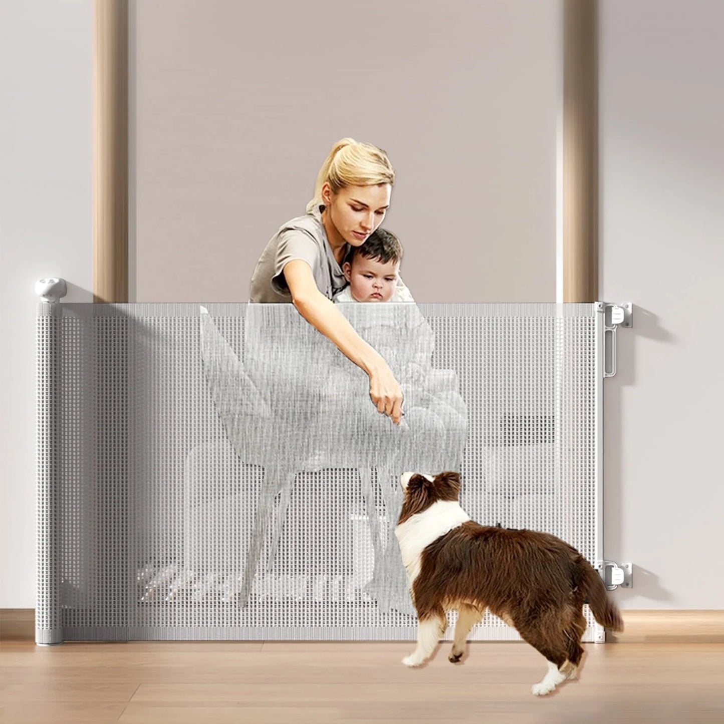 Retractable Mesh Baby & Dog Pet Safety Gate for Stairs & Doorways - 34" Tall, Extends to 71" Wide - Indoor & Outdoor Child Gates for the House, Gray