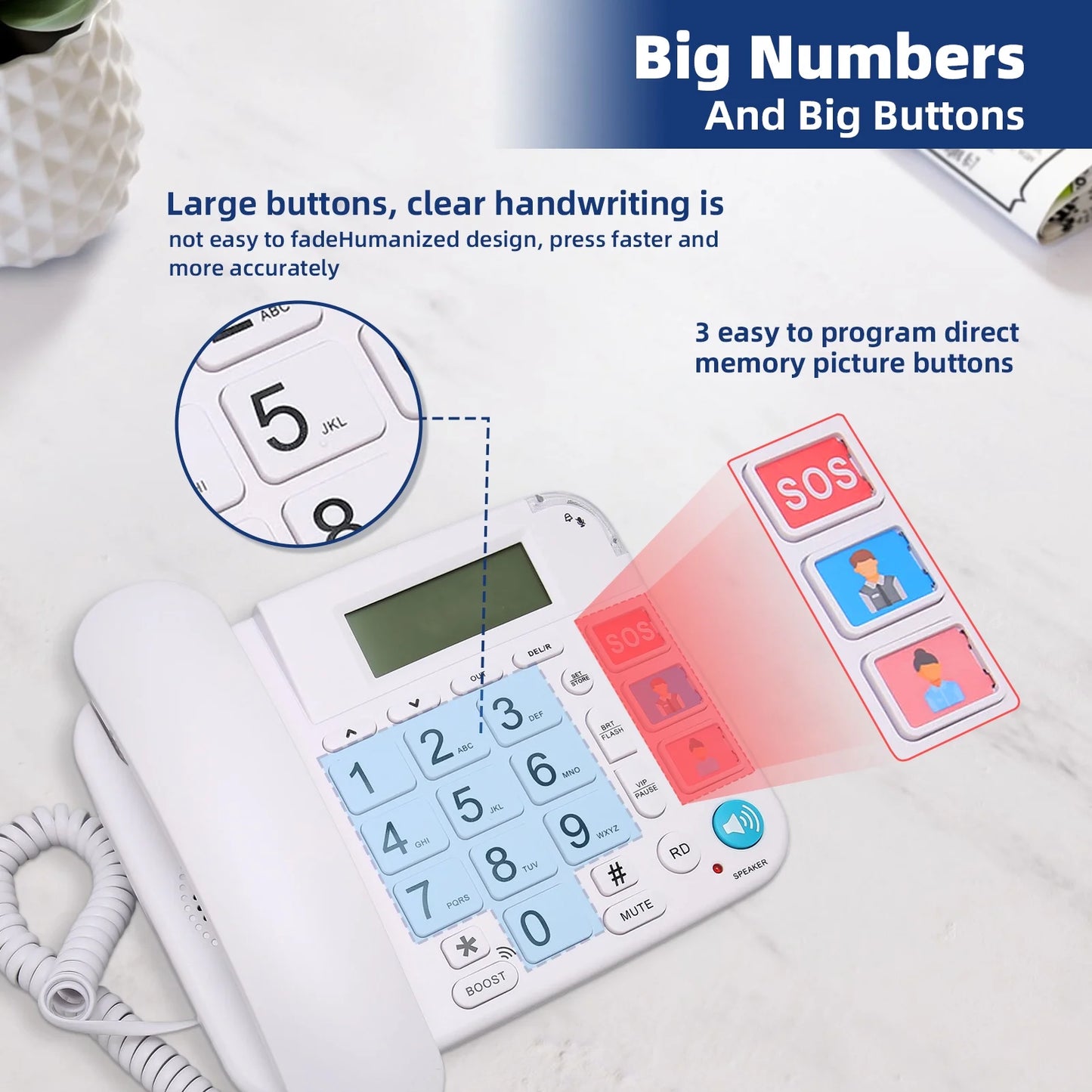 Large Key Wired Telephone, Dual Interface Wired Landline Phones with Caller ID/Hands-Free for Office, Big Button Corded Phones for Seniors, 3 Group One-Touch Dialing, Adjustable Volume & Ringing