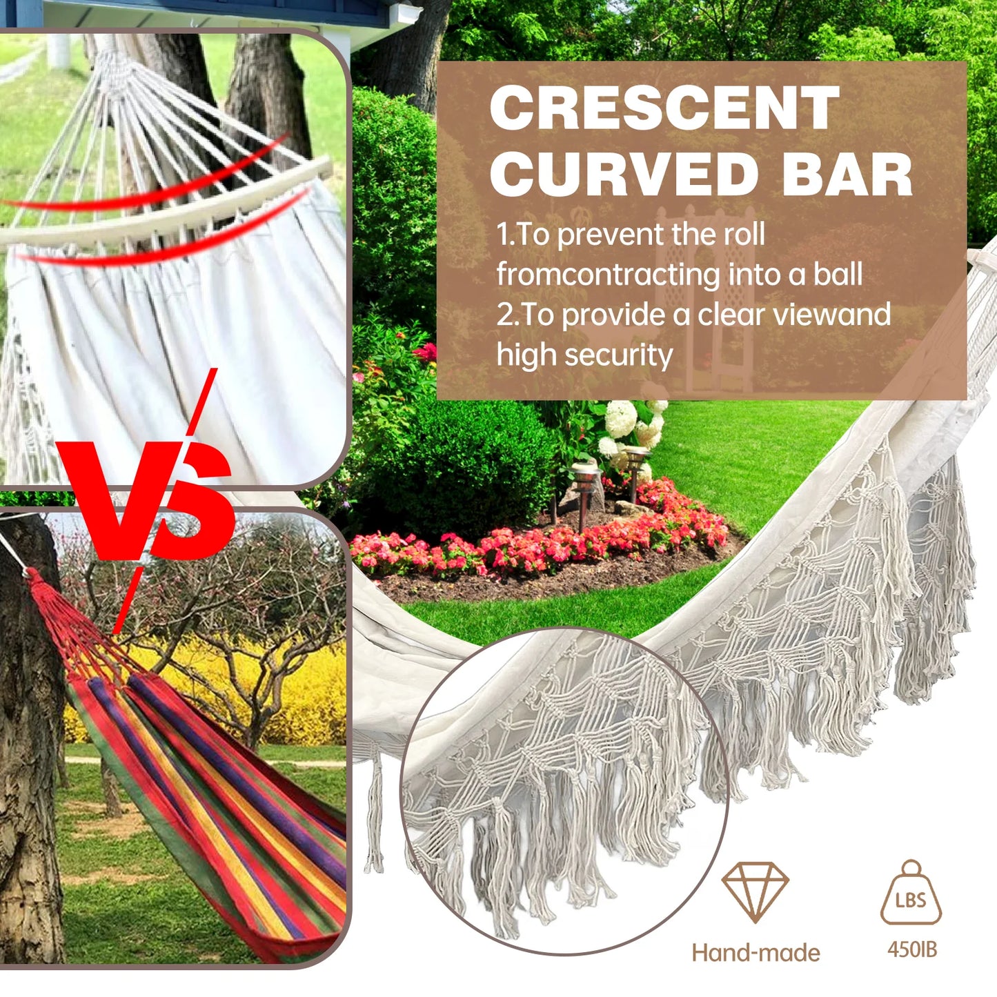 2-Person Canvas Solid Wood Tassels Fishtail Knitting with Mounting Straps & Curved Rod & Carrying Bag Double Hammock