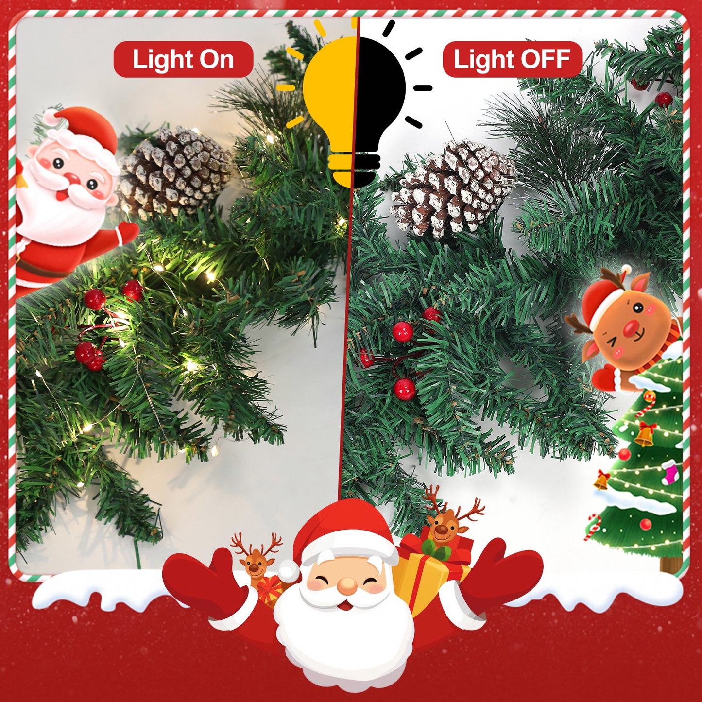Christmas Garland, 9FT Prelit Christmas Garland with 50 LED Lights, Greenery Xmas Garland with 20 Pine Cones 90 Red Berry Christmas Decoration for Indoor Outdoor Home Mantel