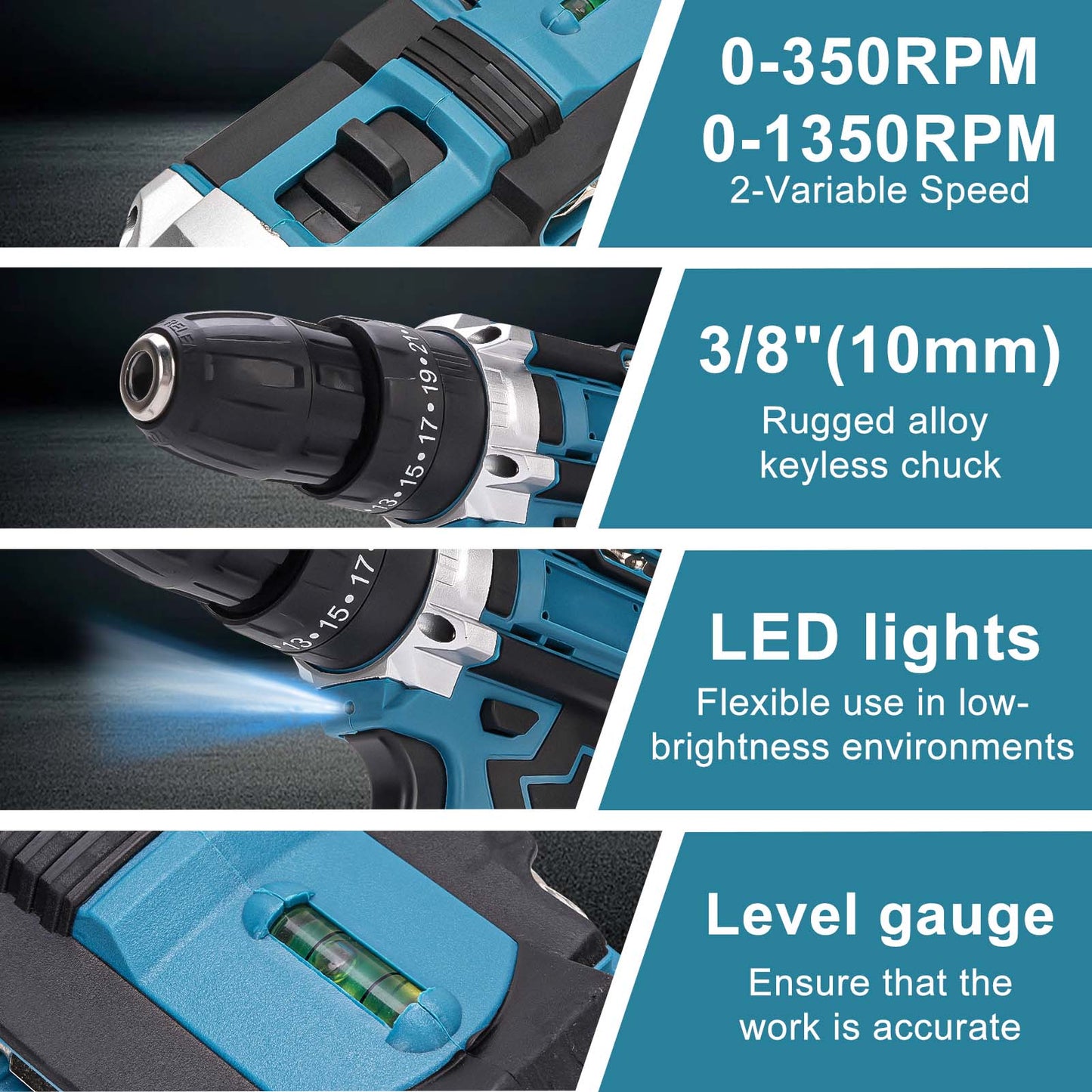 21V Cordless Power Drill Set, Power Drill Driver Kit with 2 Lithium-ion Battery and Charger, 3/8-Inch Keyless Chuck, 2 Variable Speed, 25+3 Position and 27pcs Drill/Driver Bits