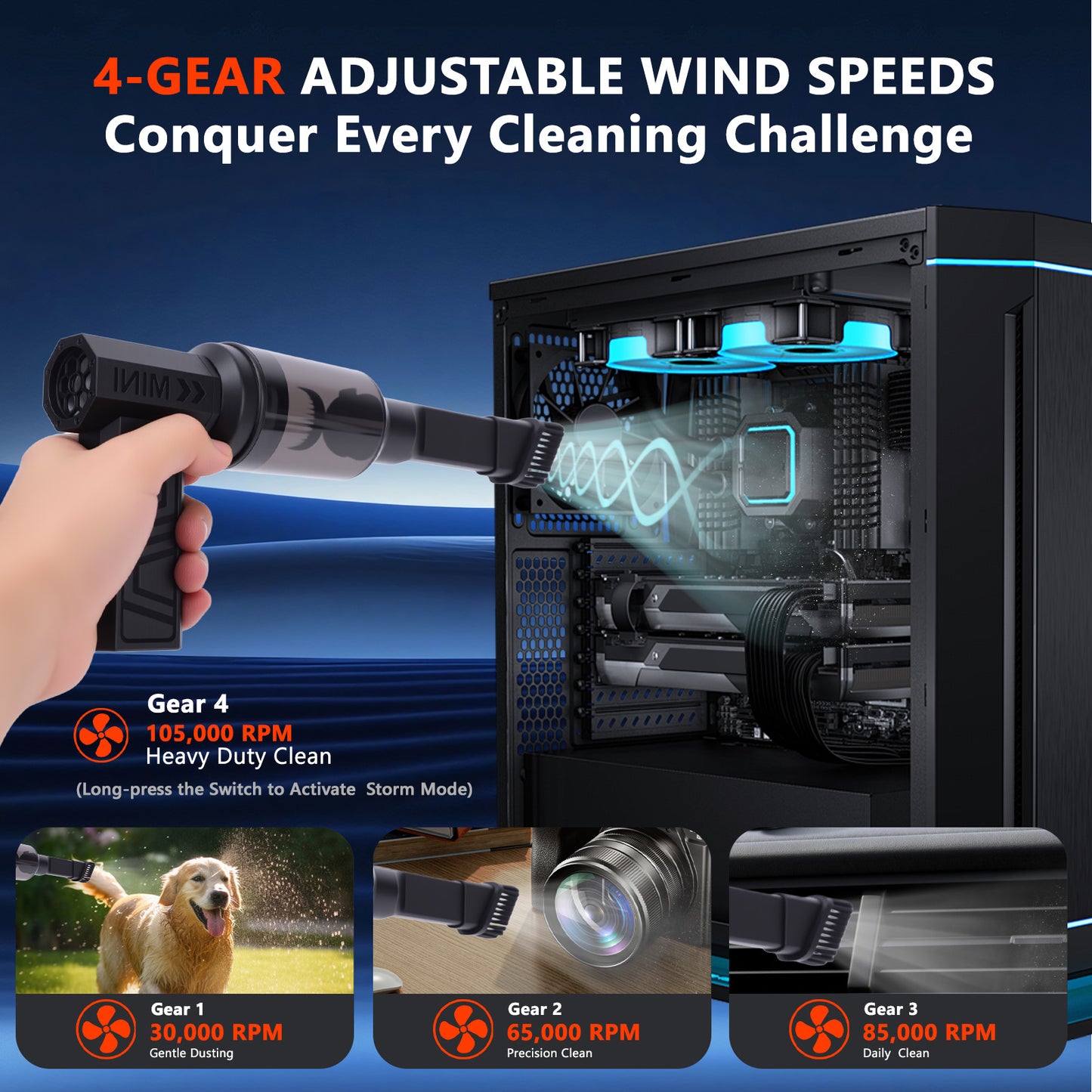 Compressed Air Duster, 105000RPM Handheld Vacuum 4 Gear Adjustable Rechargeable Brushless Motor Air Blower for Keyboard,Computer,Car,Home