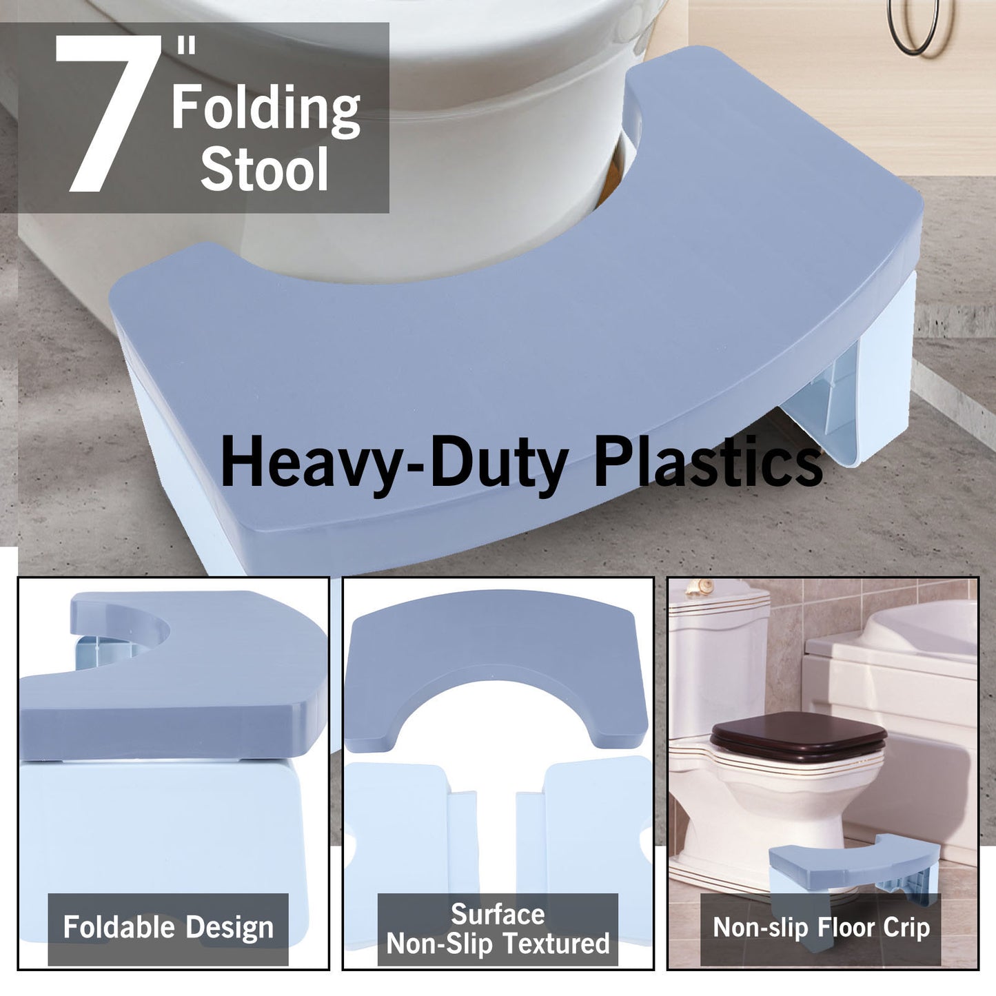 Portable Squat Toilet Potty Stool Foldable 7" Plastic Step Stool for Adults Kids,Blue