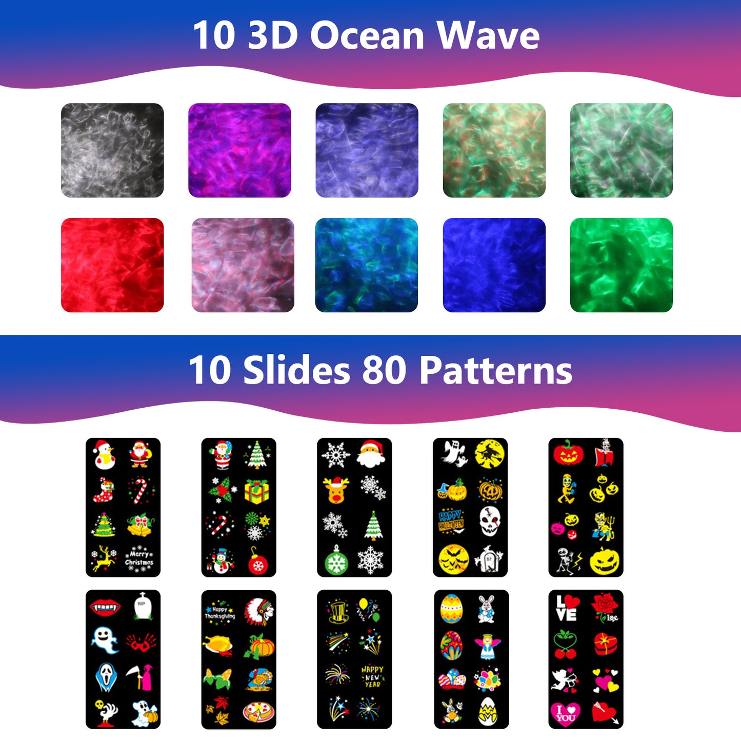 Outdoor Projector Lights,2 in 1 RGBW Water Wave Christmas Snow Night Projection Lamp with 80 Patterns, Waterproof LED Spotlight for Holiday Party Home Decor Light Projector with Remote Control